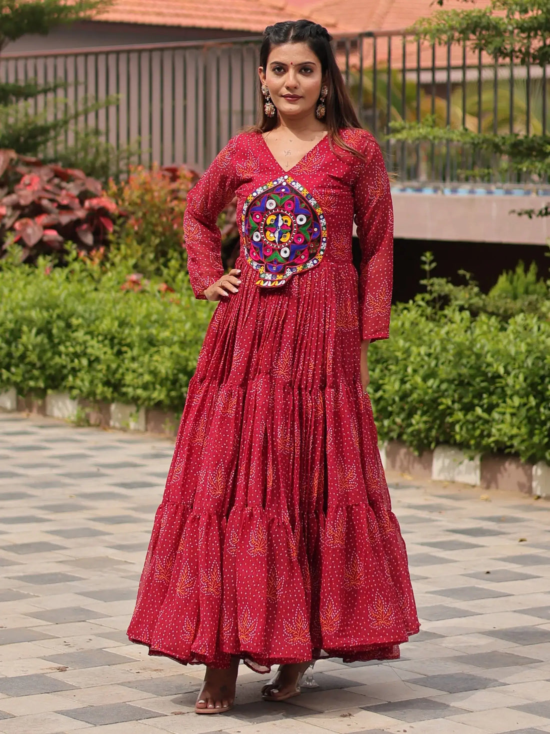 Amazing Red Gamthi Patch Work Georgette Navratri Wear Gown - Zeel Clothing