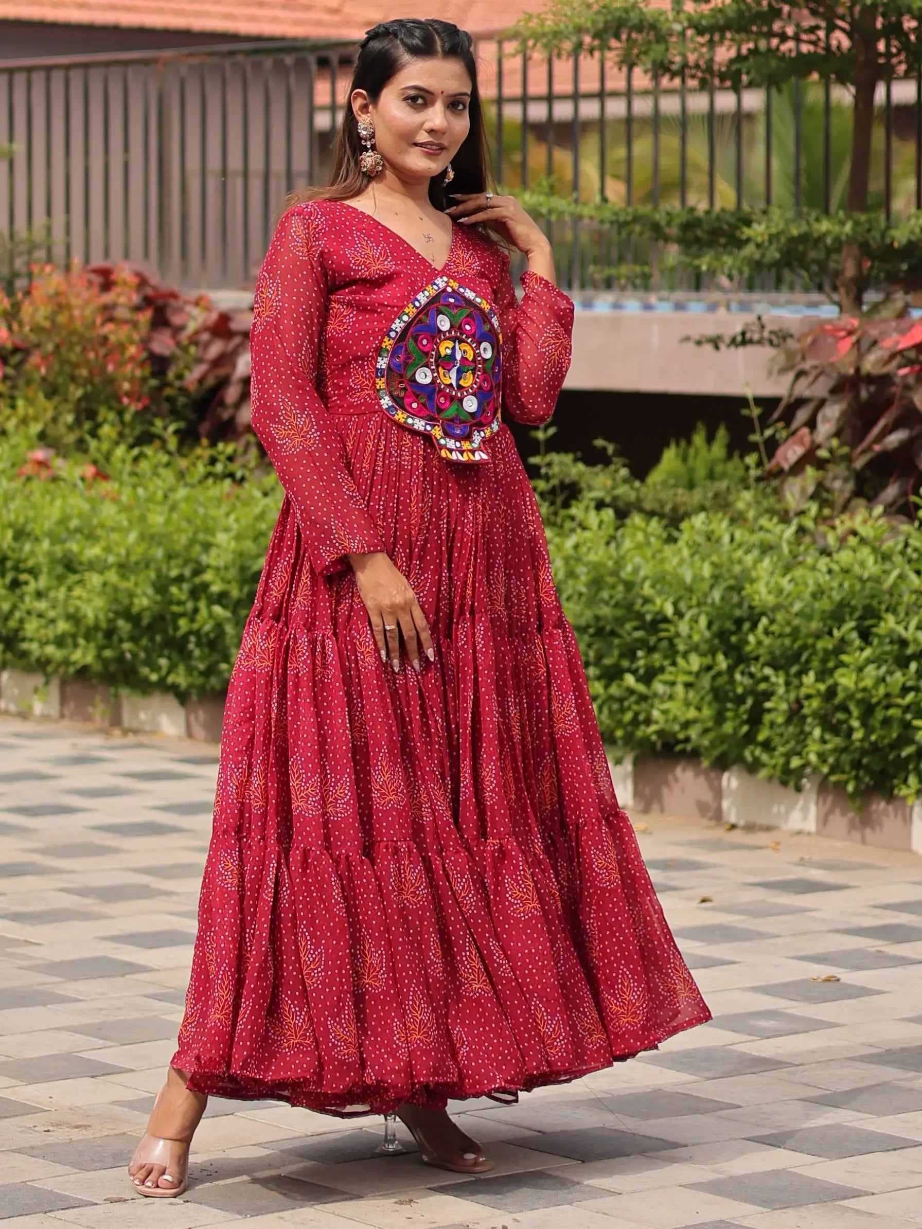 Amazing Red Gamthi Patch Work Georgette Navratri Wear Gown - Zeel Clothing
