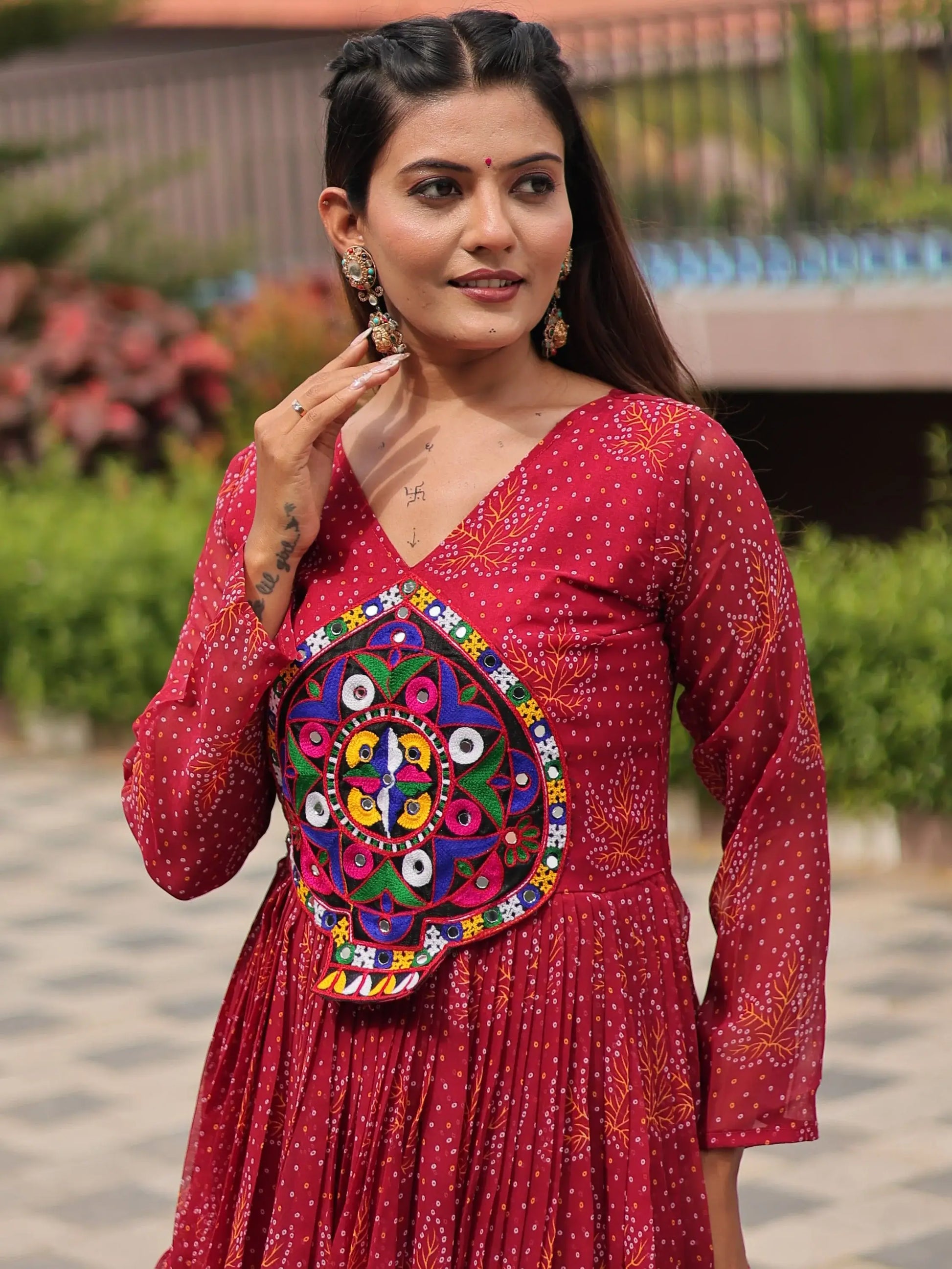 Amazing Red Gamthi Patch Work Georgette Navratri Wear Gown - Zeel Clothing
