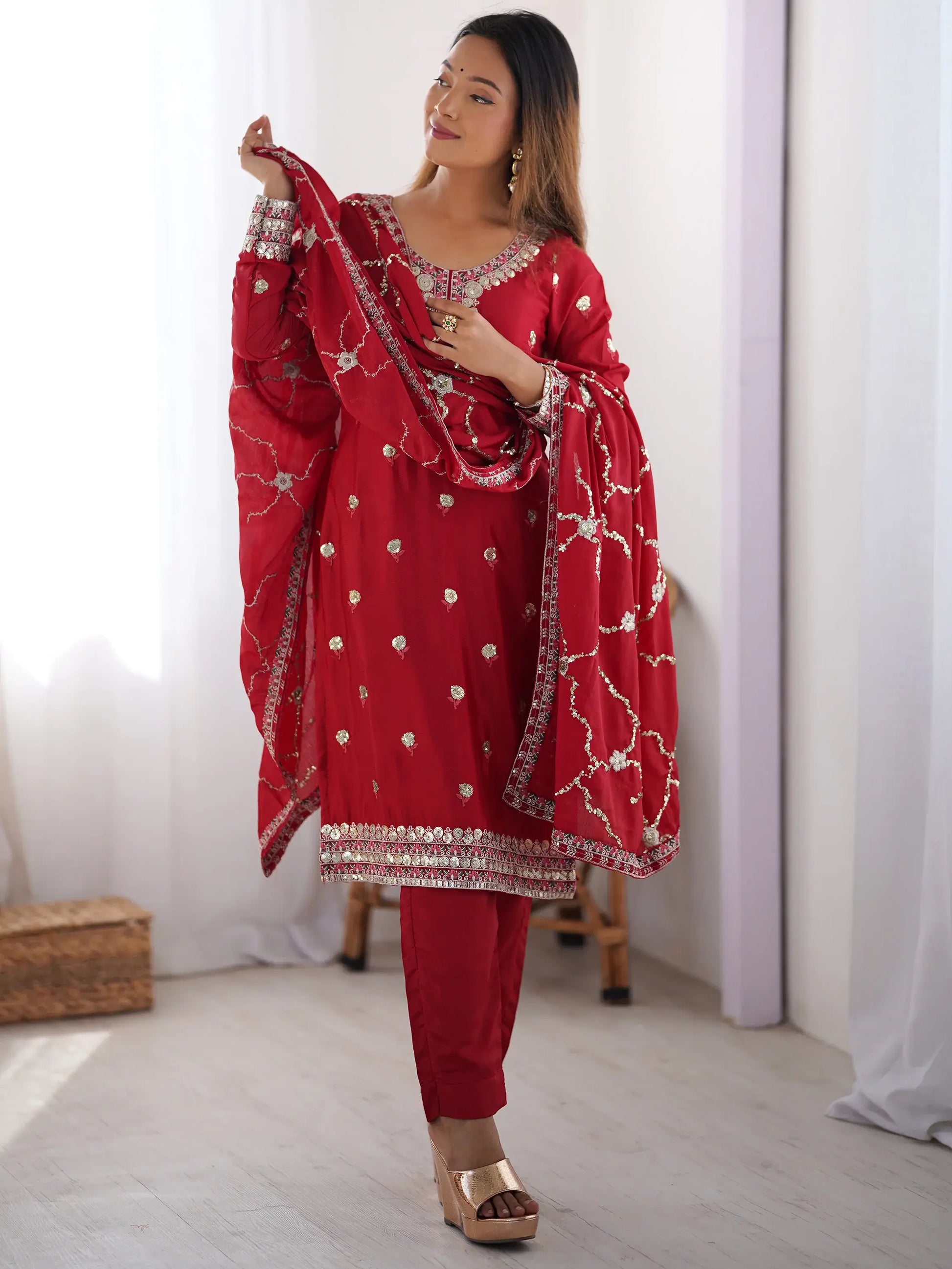 Amazing Red Sequins Chinon Event Wear Pant Suit With Dupatta - Zeel Clothing