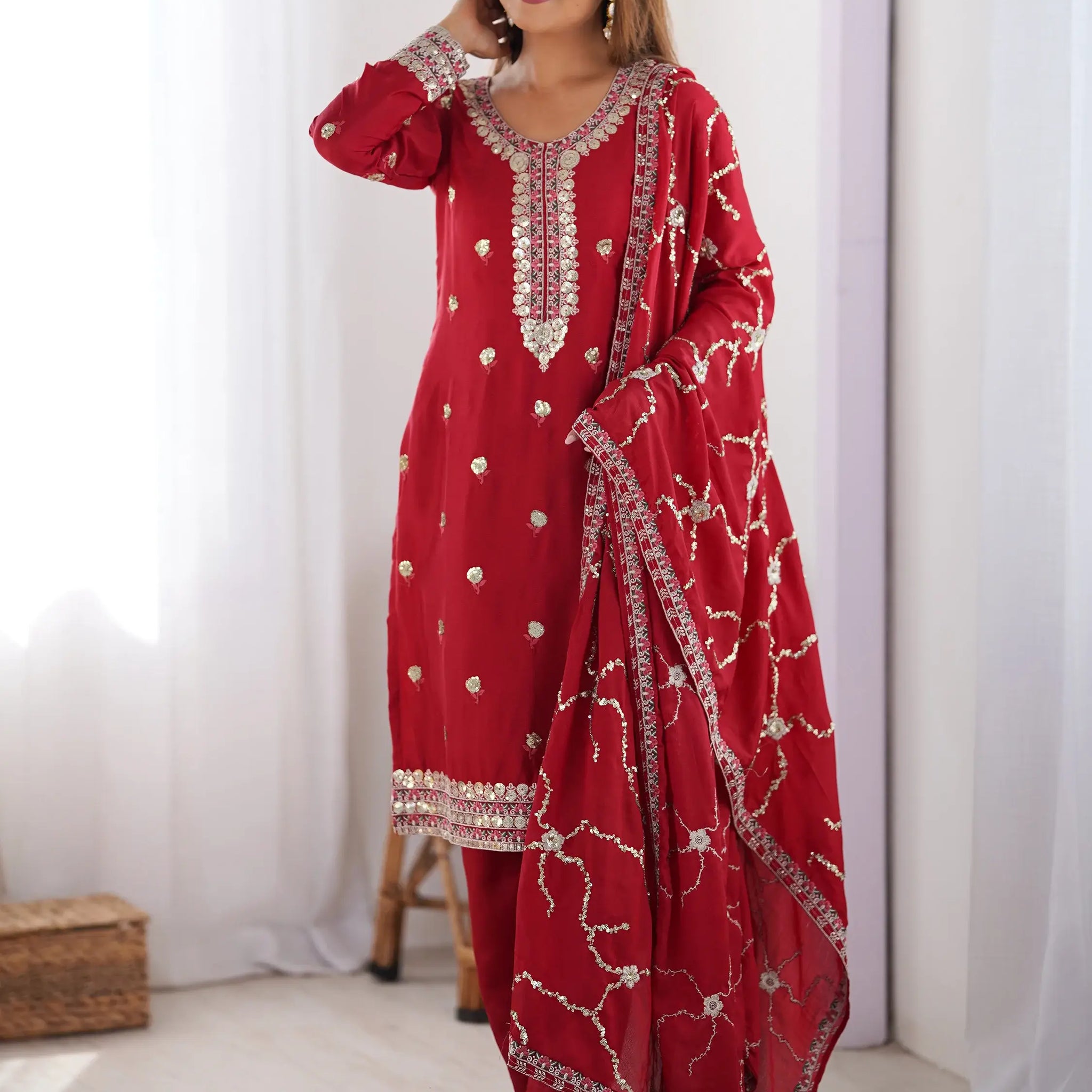 Amazing Red Sequins Chinon Event Wear Pant Suit With Dupatta - Zeel Clothing