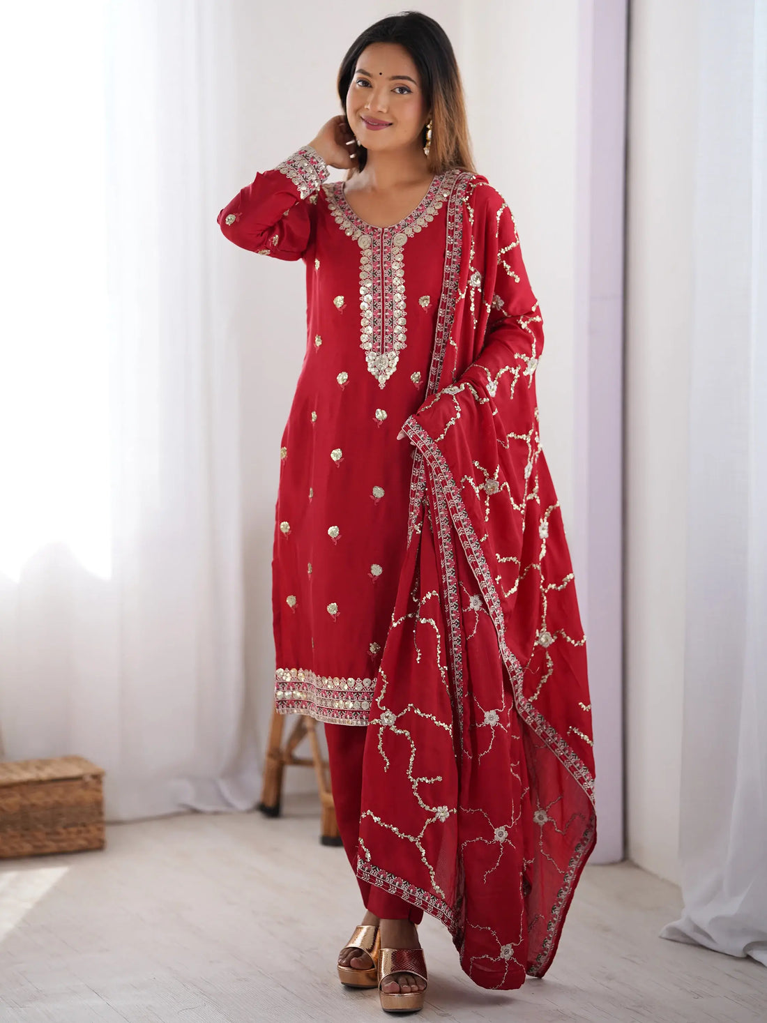 Amazing Red Sequins Chinon Event Wear Pant Suit With Dupatta - Zeel Clothing