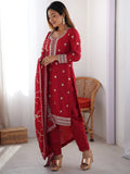 Amazing Red Sequins Chinon Event Wear Pant Suit With Dupatta - Zeel Clothing