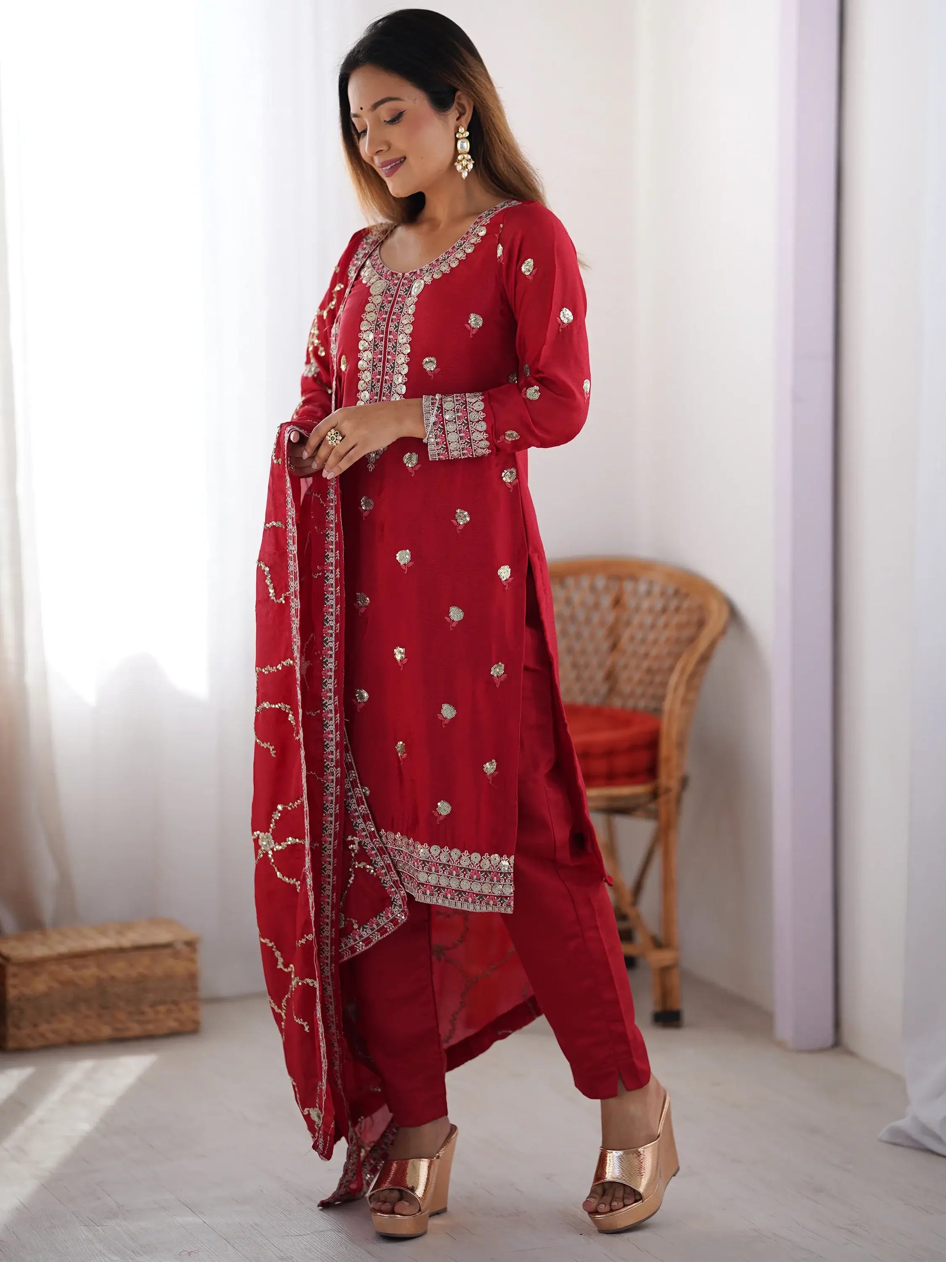 Amazing Red Sequins Chinon Event Wear Pant Suit With Dupatta - Zeel Clothing