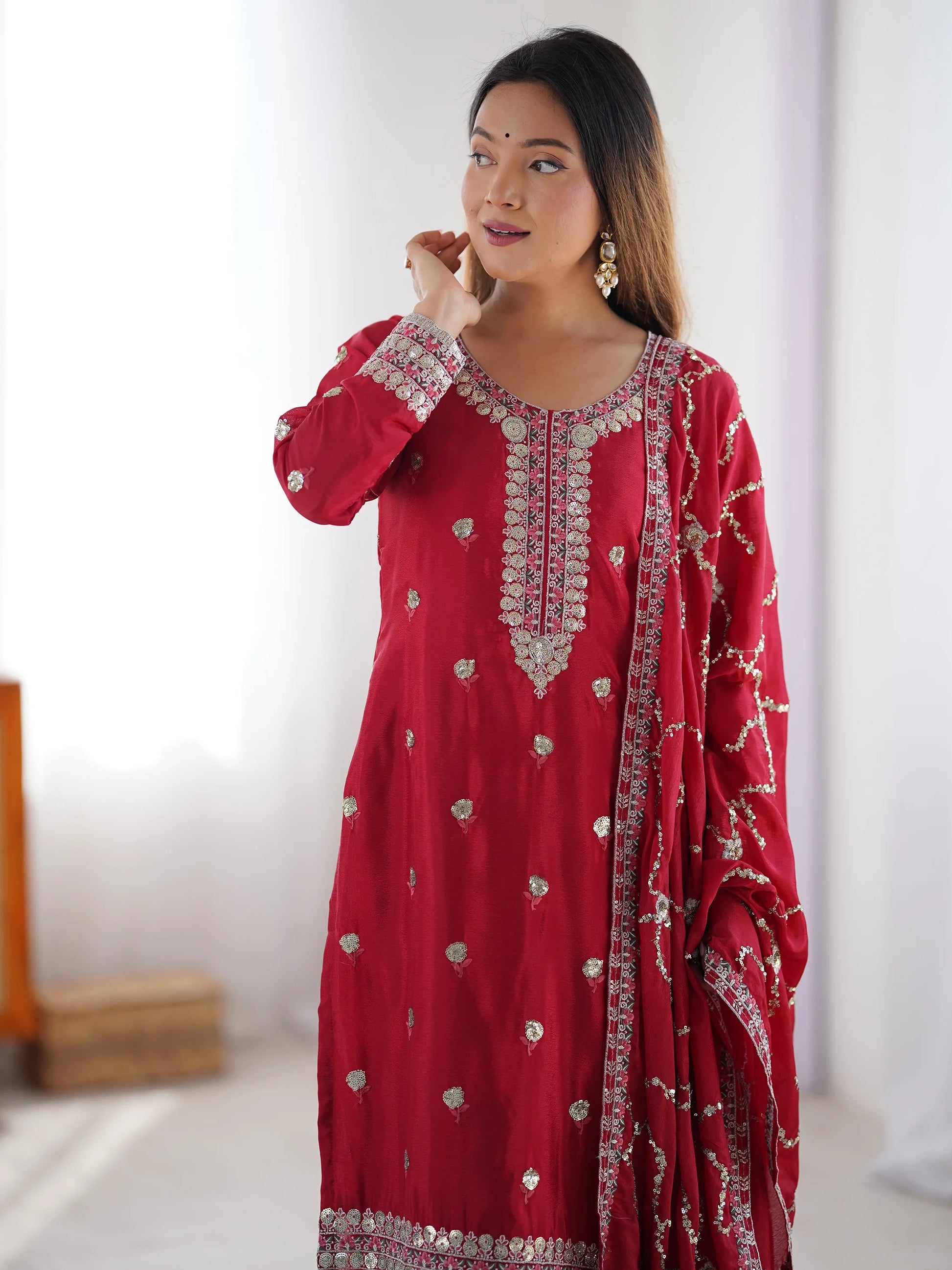 Amazing Red Sequins Chinon Event Wear Pant Suit With Dupatta - Zeel Clothing