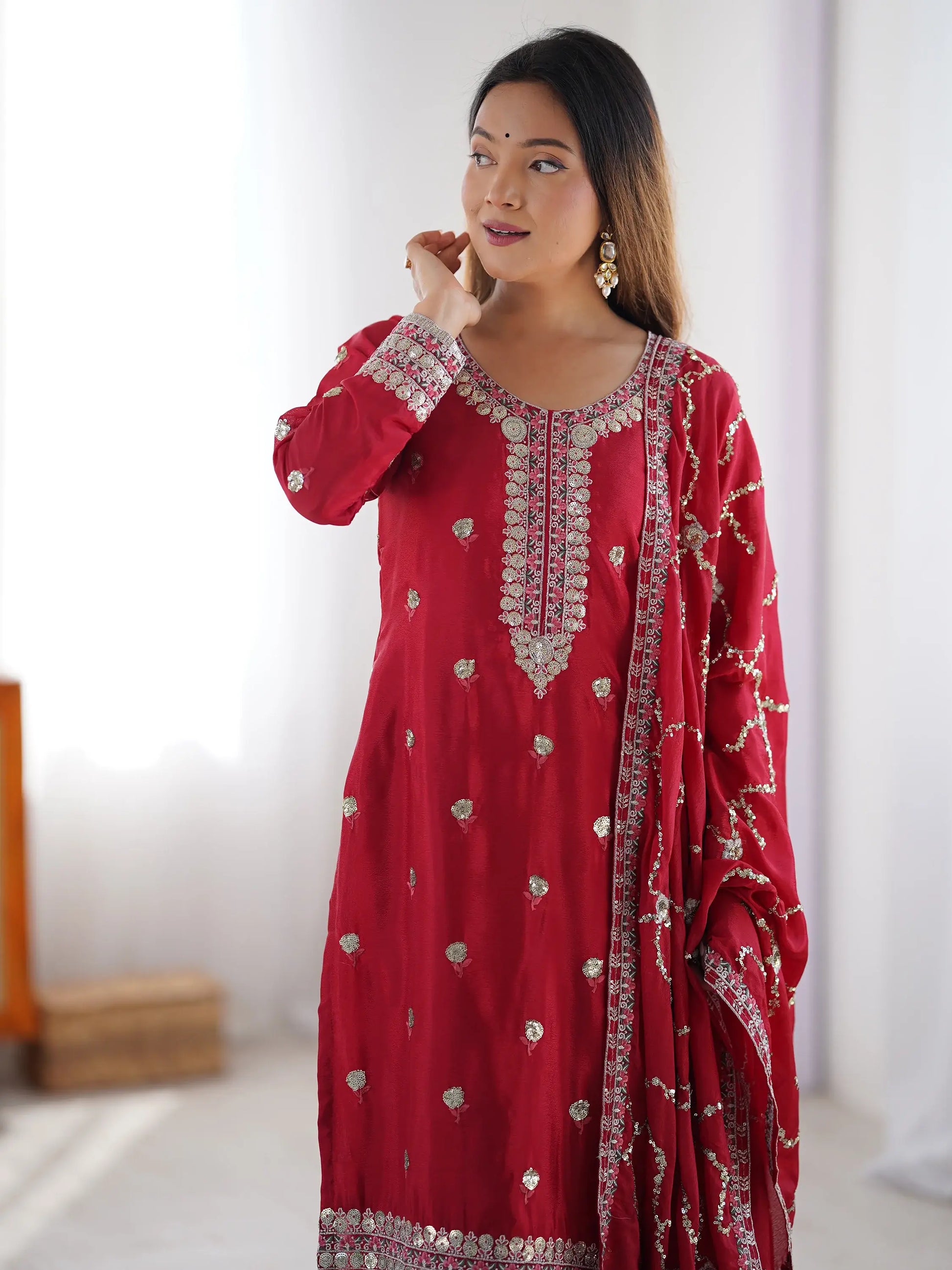 Amazing Red Sequins Chinon Event Wear Pant Suit With Dupatta - Zeel Clothing
