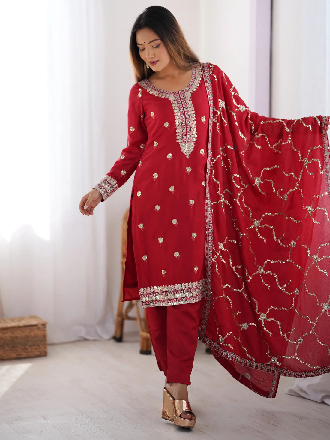 Amazing Red Sequins Chinon Event Wear Pant Suit With Dupatta - Zeel Clothing