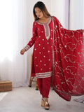 Amazing Red Sequins Chinon Event Wear Pant Suit With Dupatta - Zeel Clothing