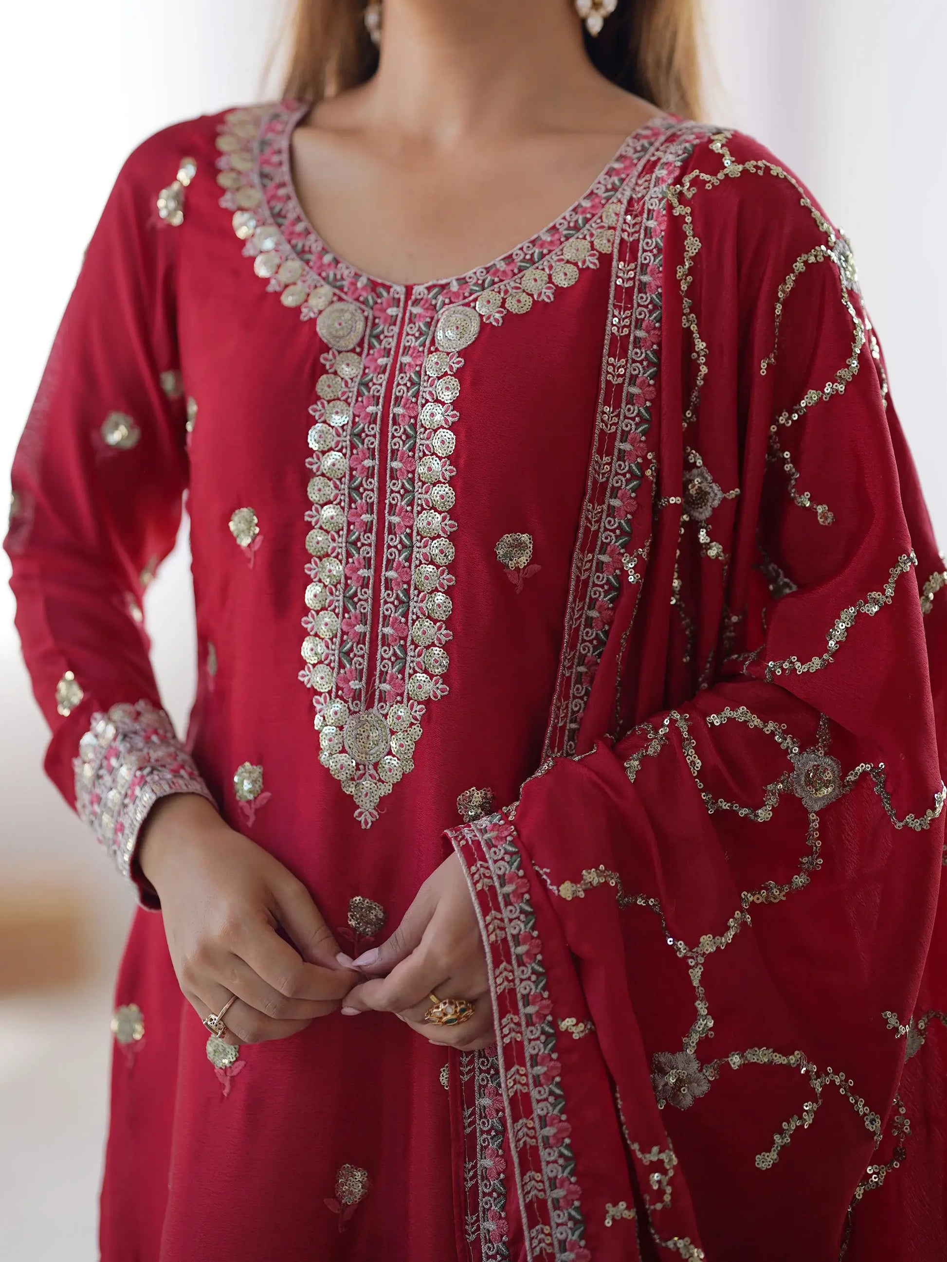 Amazing Red Sequins Chinon Event Wear Pant Suit With Dupatta - Zeel Clothing