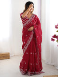 Amazing Red Thread Work Organza Wedding Saree With Blouse - Zeel Clothing