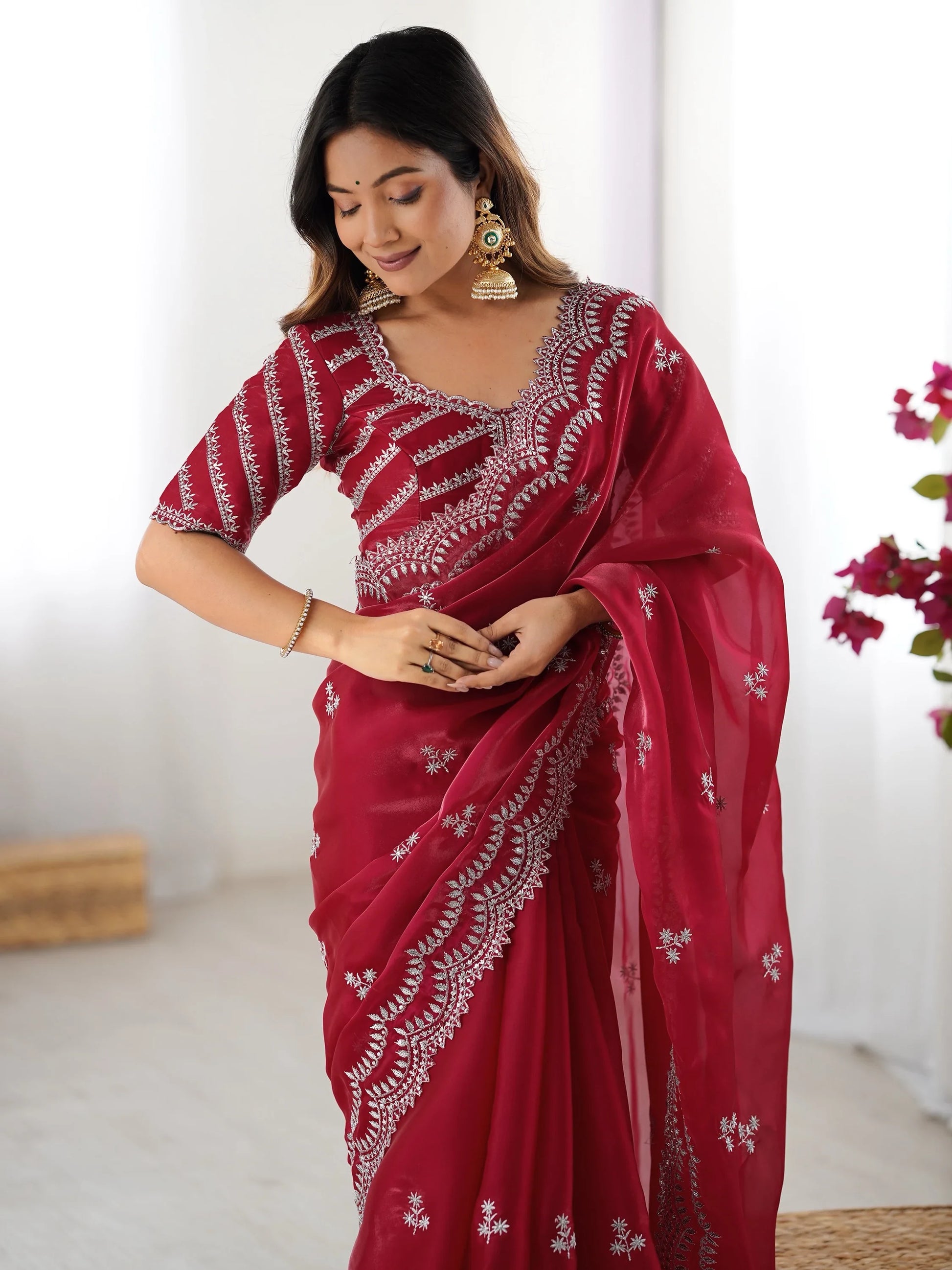 Amazing Red Thread Work Organza Wedding Saree With Blouse - Zeel Clothing