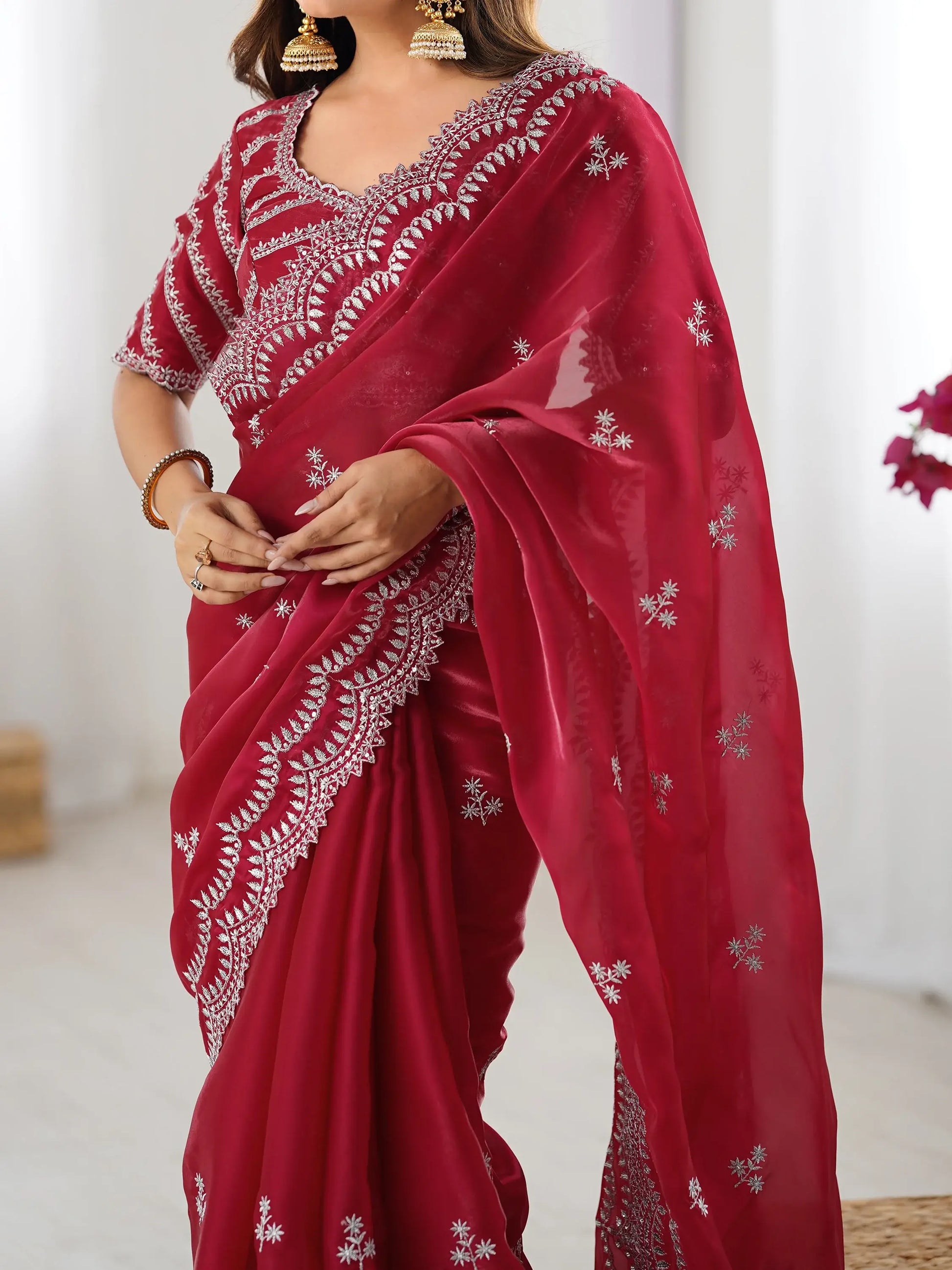 Amazing Red Thread Work Organza Wedding Saree With Blouse - Zeel Clothing
