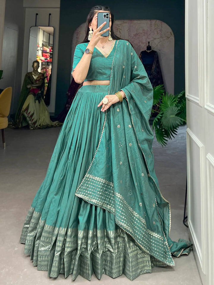 Amazing Sage Green Zari Weaving Chanderi Festival Wear Lehenga Choli - Zeel Clothing