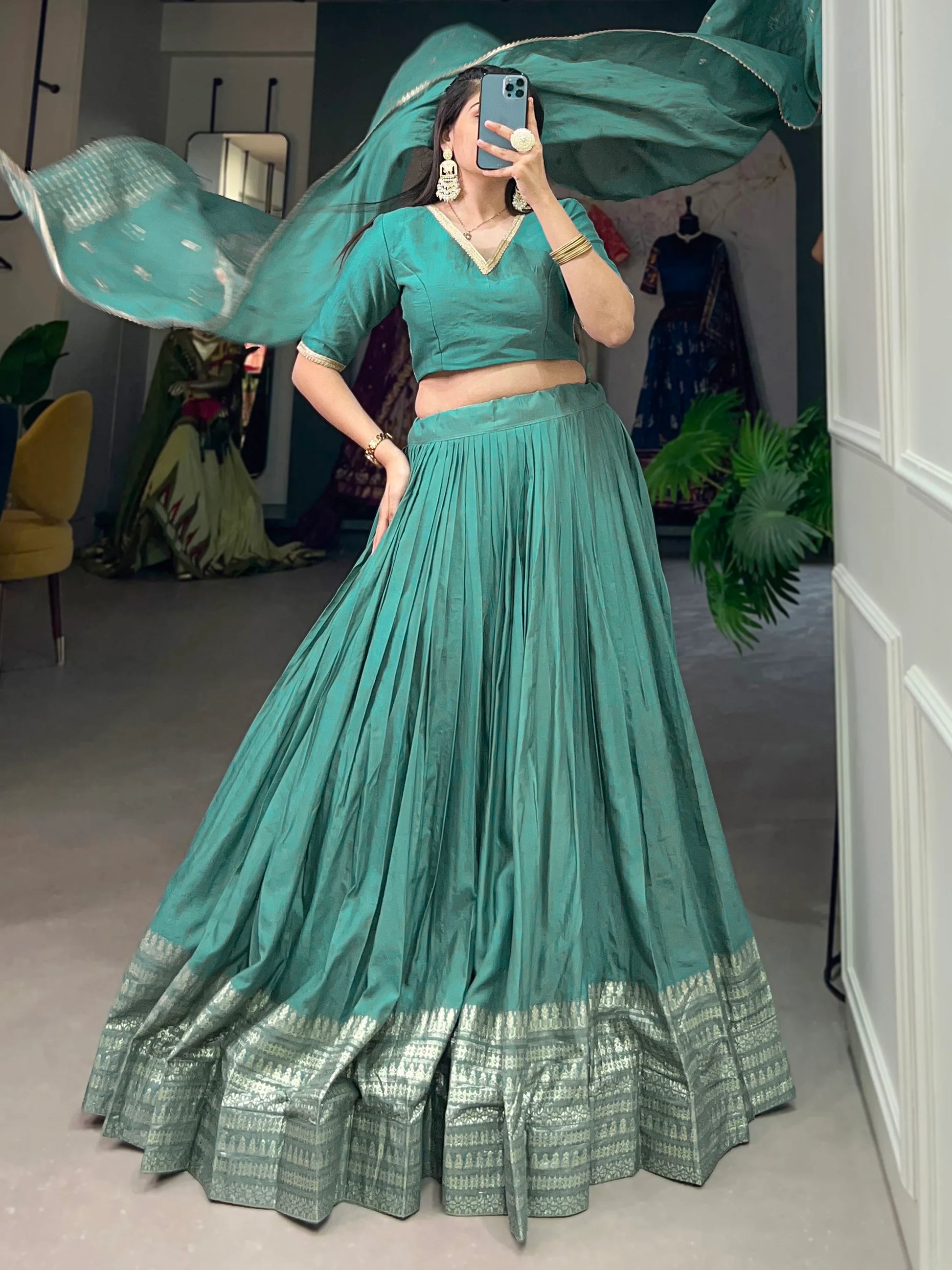 Amazing Sage Green Zari Weaving Chanderi Festival Wear Lehenga Choli - Zeel Clothing