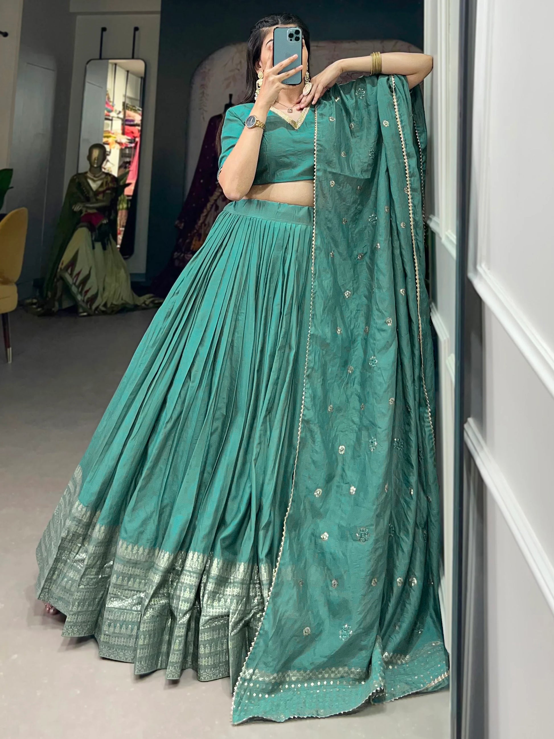 Amazing Sage Green Zari Weaving Chanderi Festival Wear Lehenga Choli - Zeel Clothing