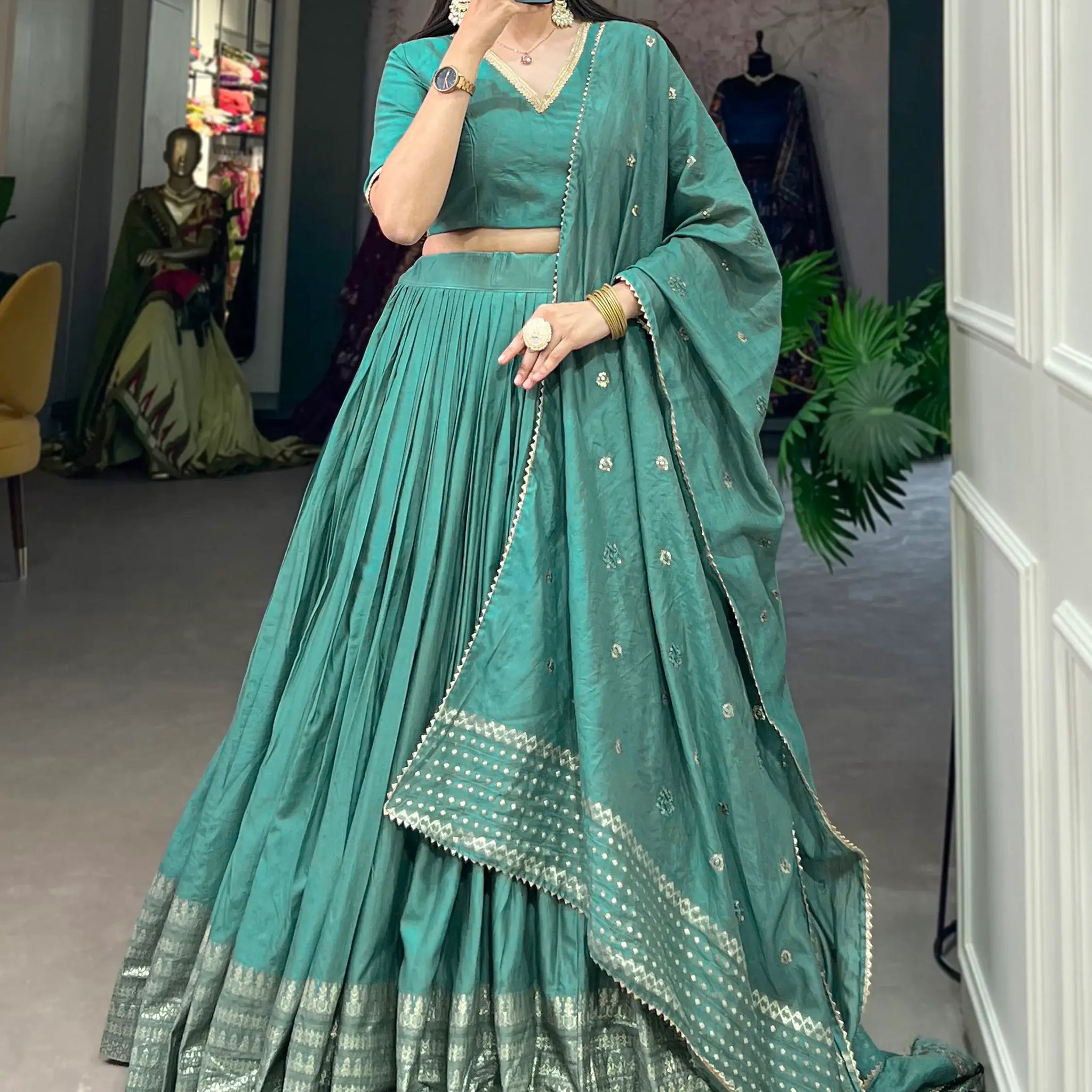 Amazing Sage Green Zari Weaving Chanderi Festival Wear Lehenga Choli - Zeel Clothing