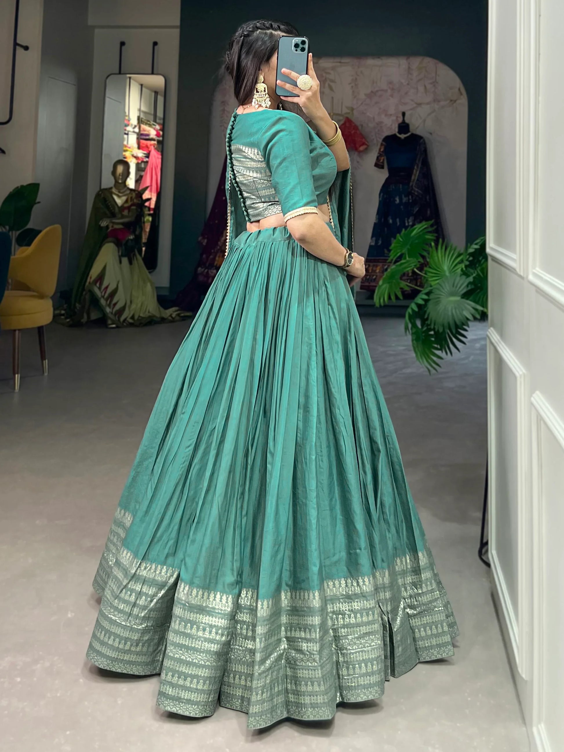 Amazing Sage Green Zari Weaving Chanderi Festival Wear Lehenga Choli - Zeel Clothing