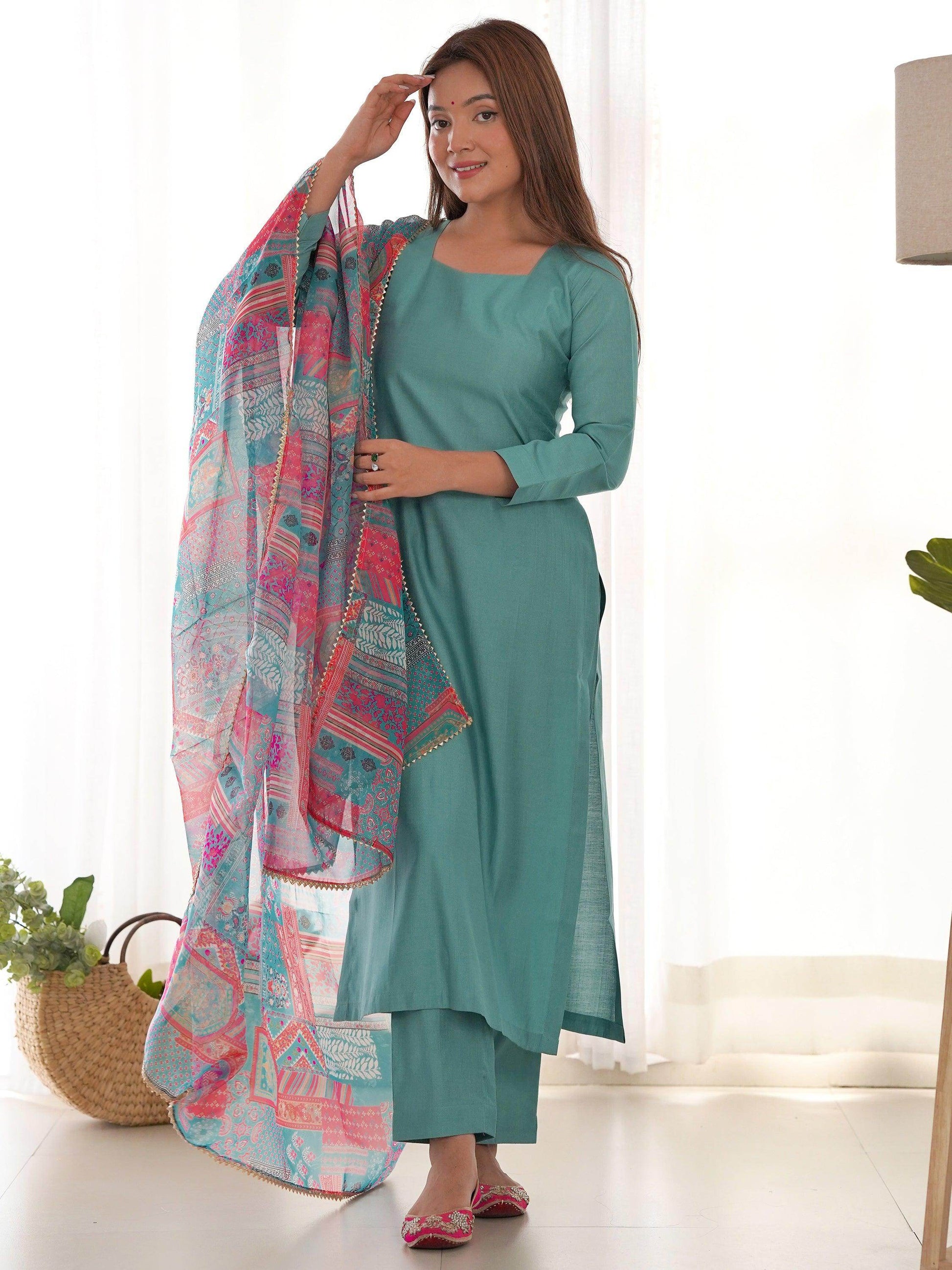 Amazing Sea Green Cotton Festival Wear Straight Kurta With Pant - Zeel Clothing