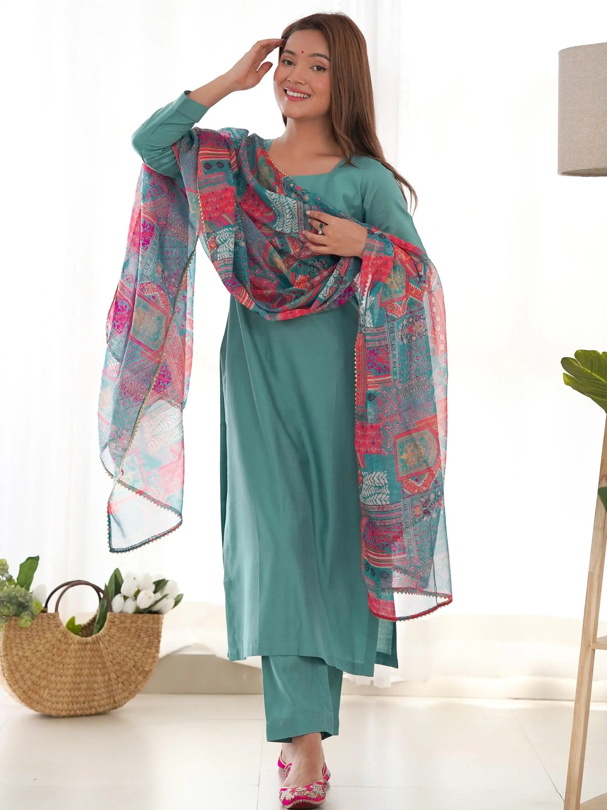 Amazing Sea Green Cotton Festival Wear Straight Kurta With Pant - Zeel Clothing
