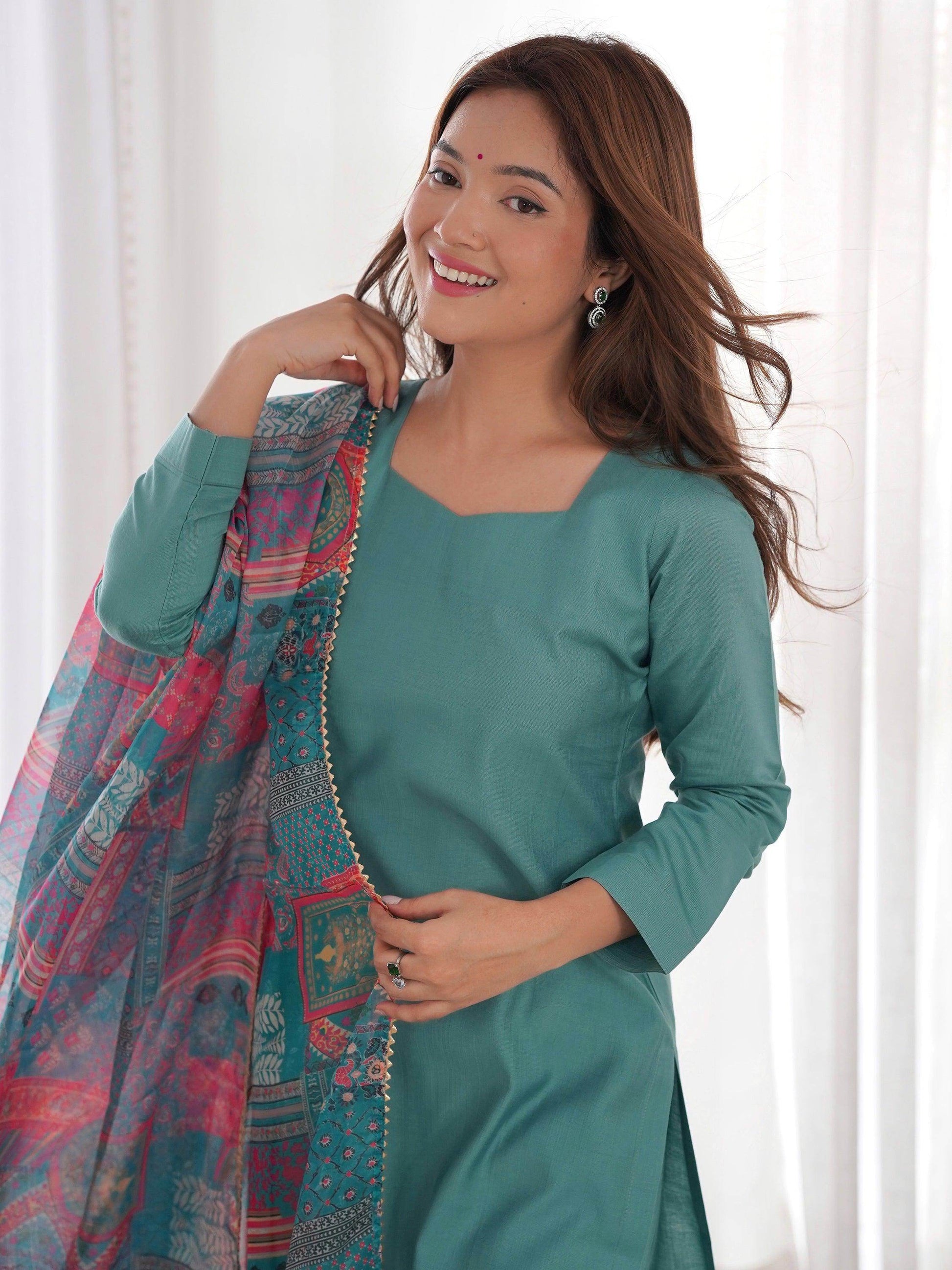 Amazing Sea Green Cotton Festival Wear Straight Kurta With Pant - Zeel Clothing