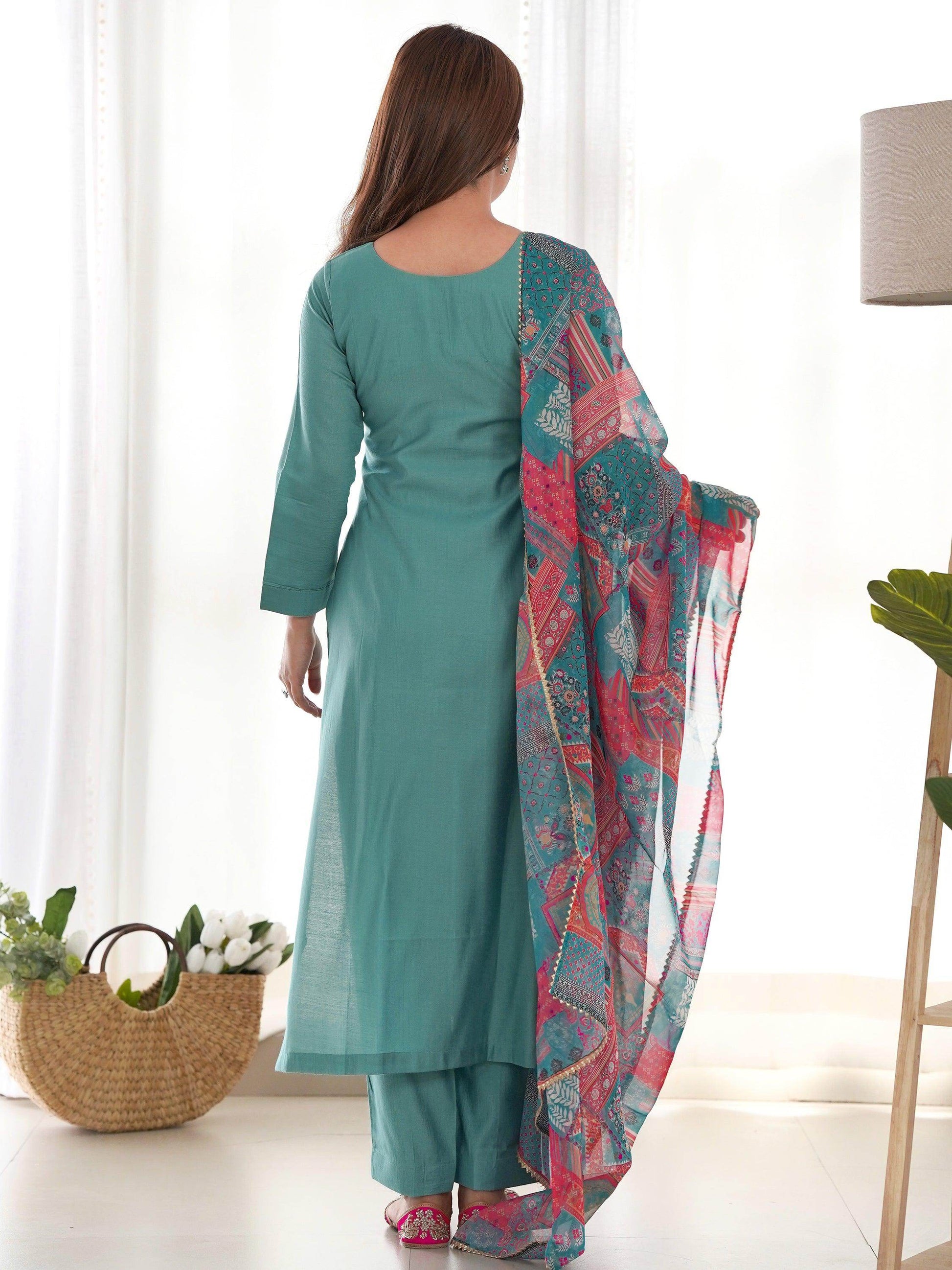 Amazing Sea Green Cotton Festival Wear Straight Kurta With Pant - Zeel Clothing