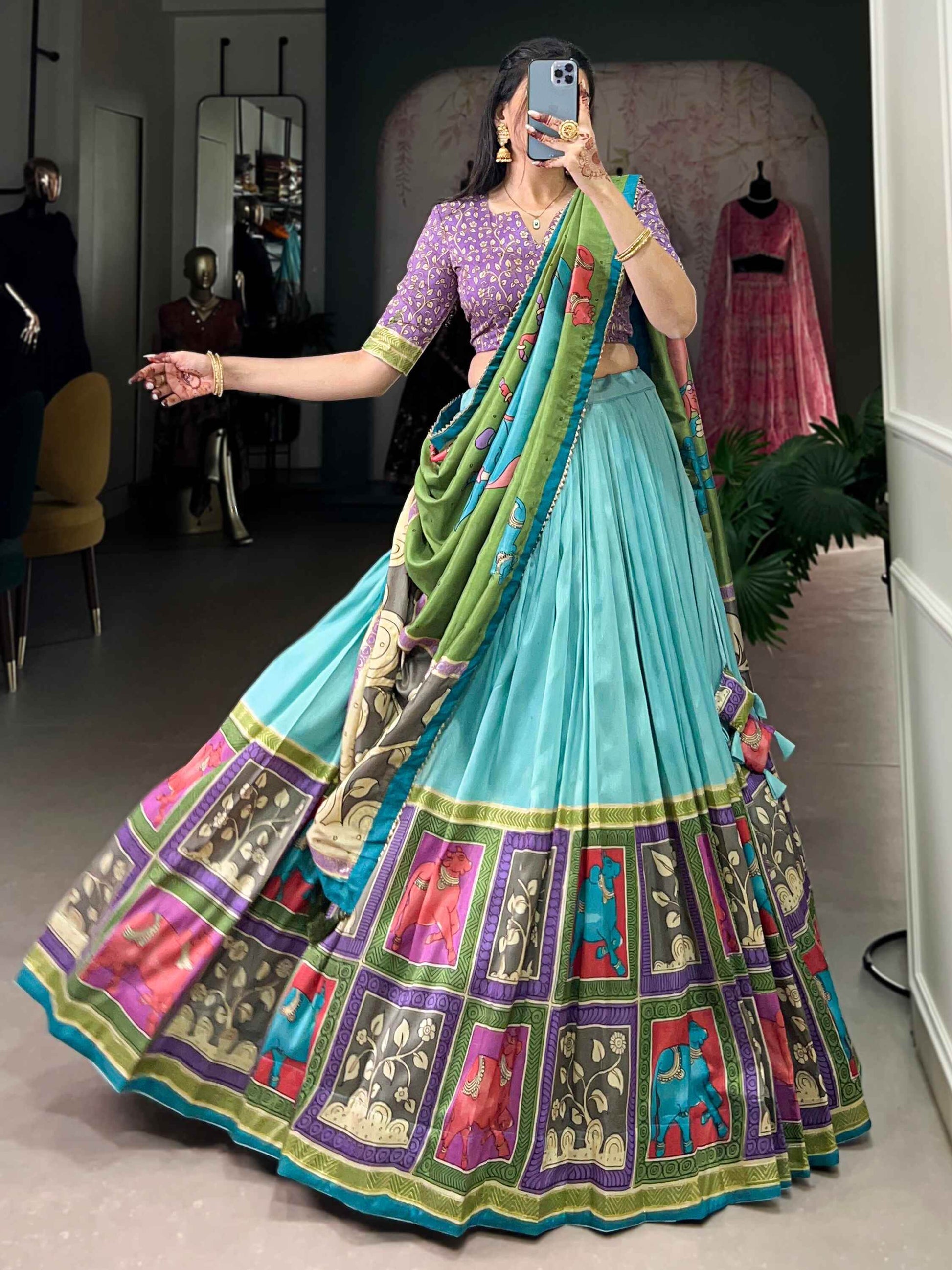 Amazing Sea Green Kalamkari Print Silk Festival Wear Lehenga Choli - Zeel Clothing