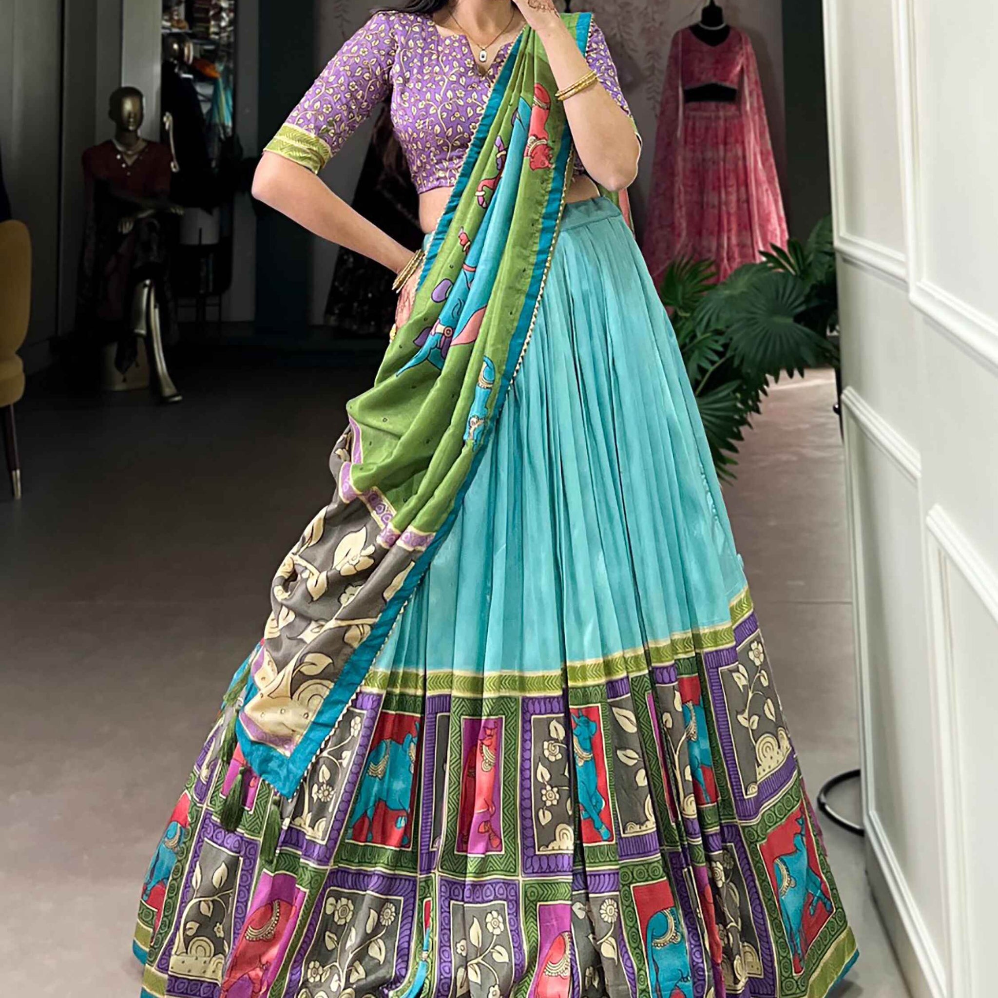 Amazing Sea Green Kalamkari Print Silk Festival Wear Lehenga Choli - Zeel Clothing