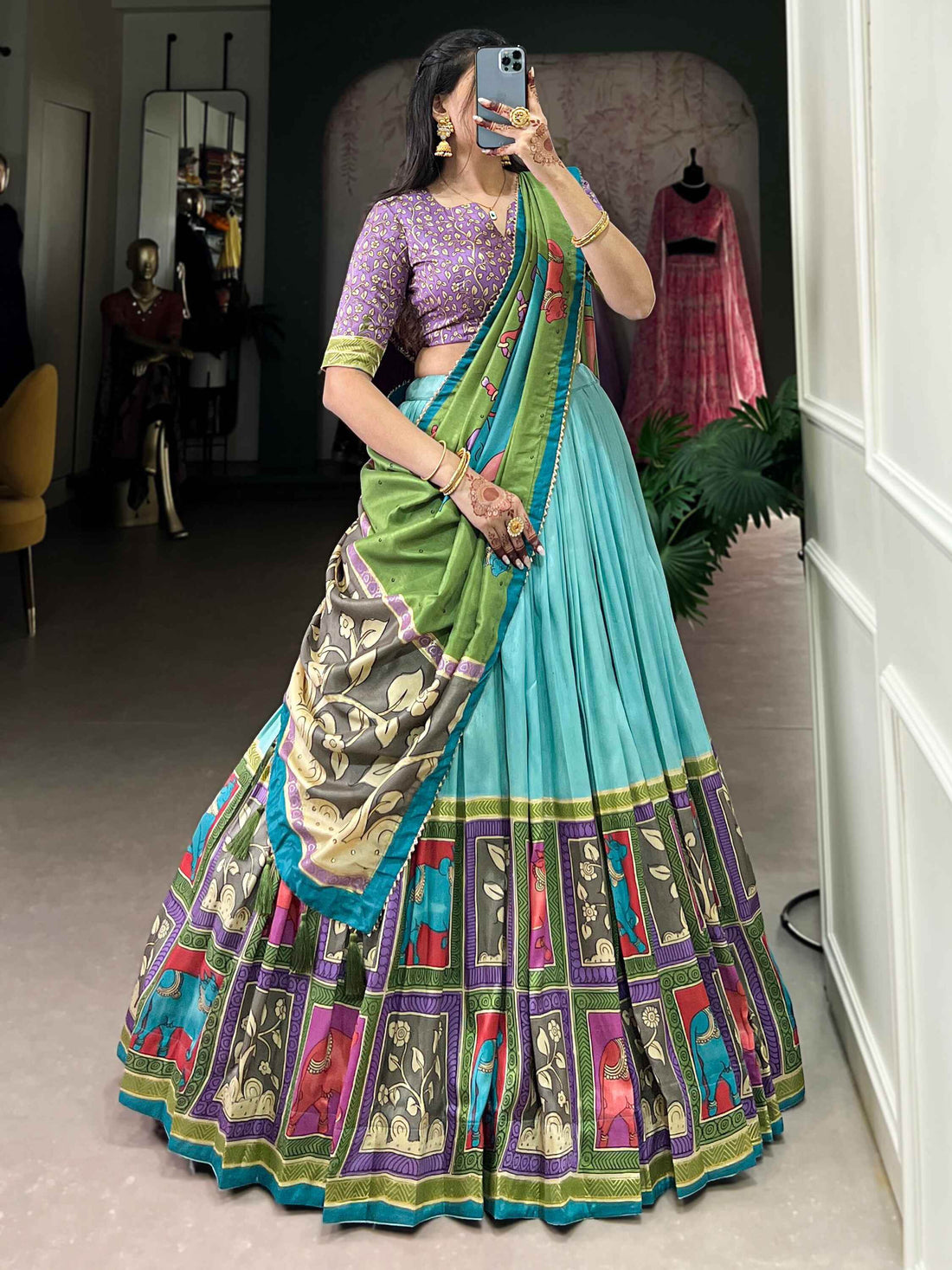 Amazing Sea Green Kalamkari Print Silk Festival Wear Lehenga Choli - Zeel Clothing