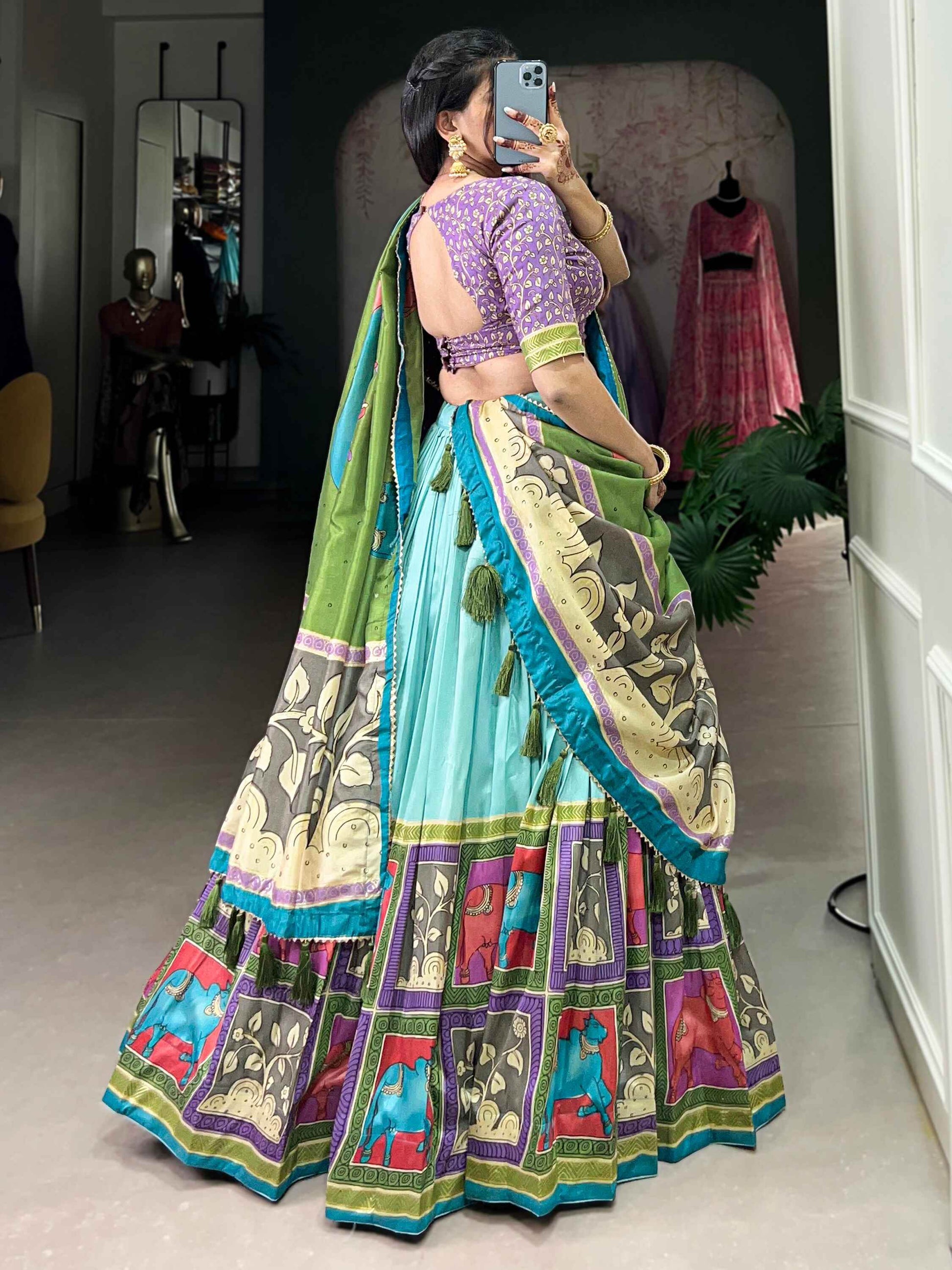 Amazing Sea Green Kalamkari Print Silk Festival Wear Lehenga Choli - Zeel Clothing