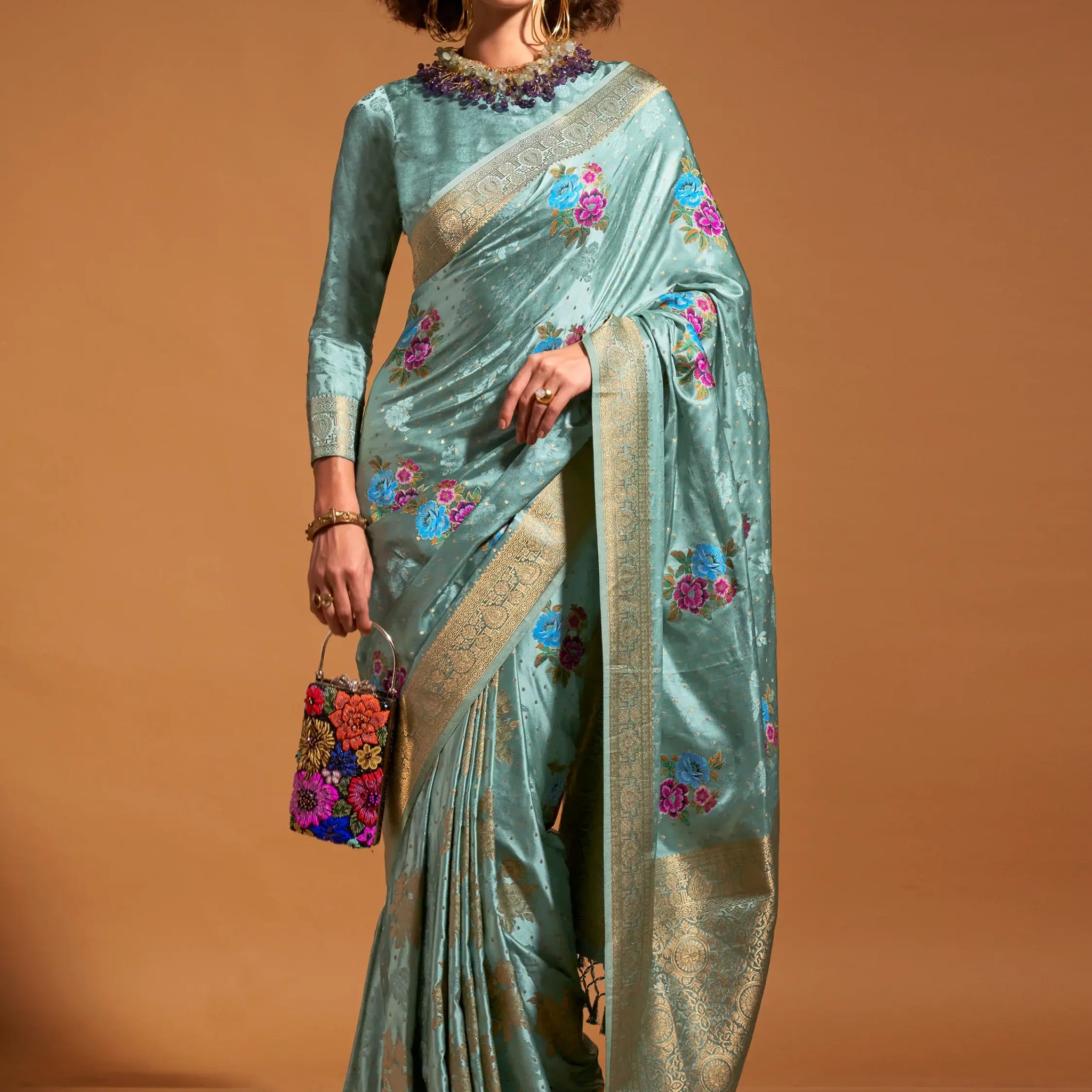 Amazing Sea Green Weaving Satin Event Wear Saree With Blouse - Zeel Clothing