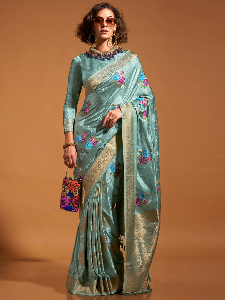 Amazing Sea Green Weaving Satin Event Wear Saree With Blouse - Zeel Clothing