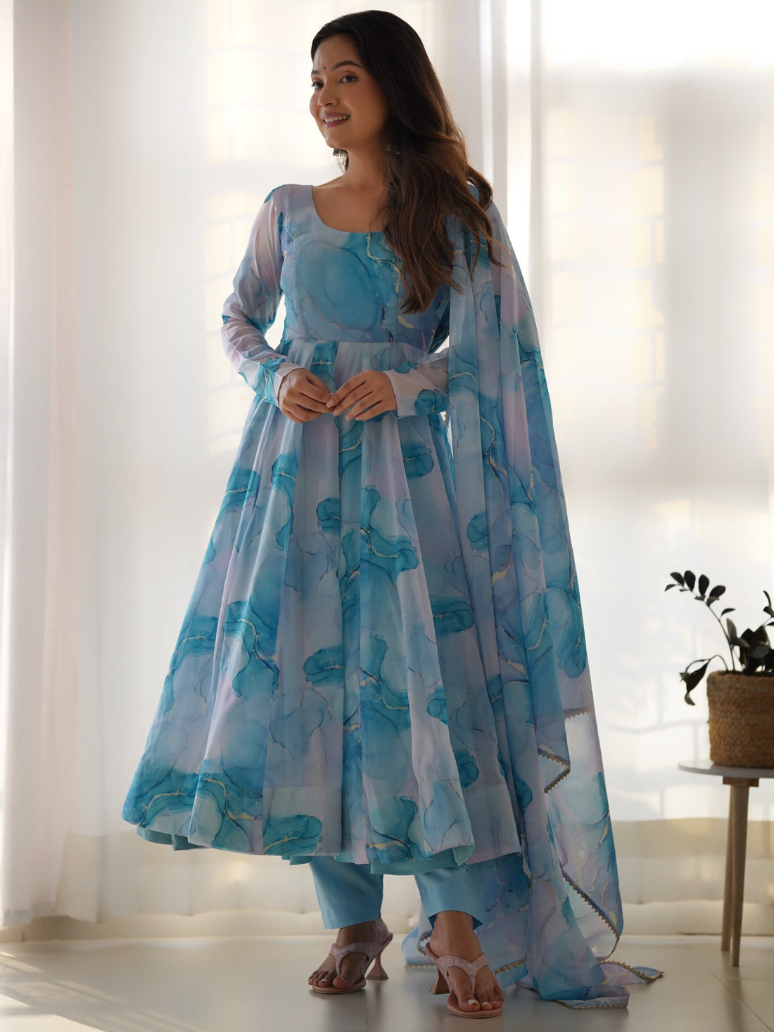 Amazing Sky Blue Marble Print Organza Festive Wear Anarkali Suit - Zeel Clothing