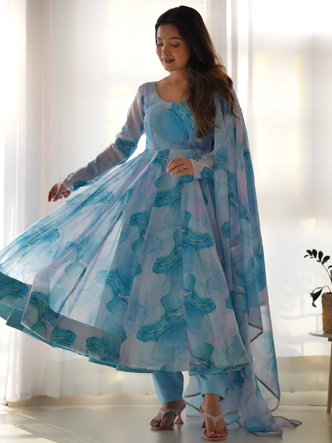 Amazing Sky Blue Marble Print Organza Festive Wear Anarkali Suit - Zeel Clothing