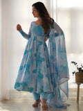 Amazing Sky Blue Marble Print Organza Festive Wear Anarkali Suit - Zeel Clothing