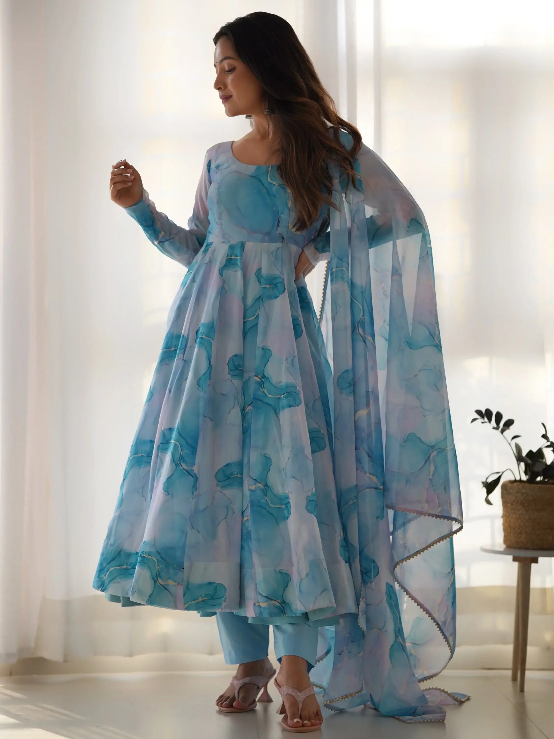 Amazing Sky Blue Marble Print Organza Festive Wear Anarkali Suit - Zeel Clothing
