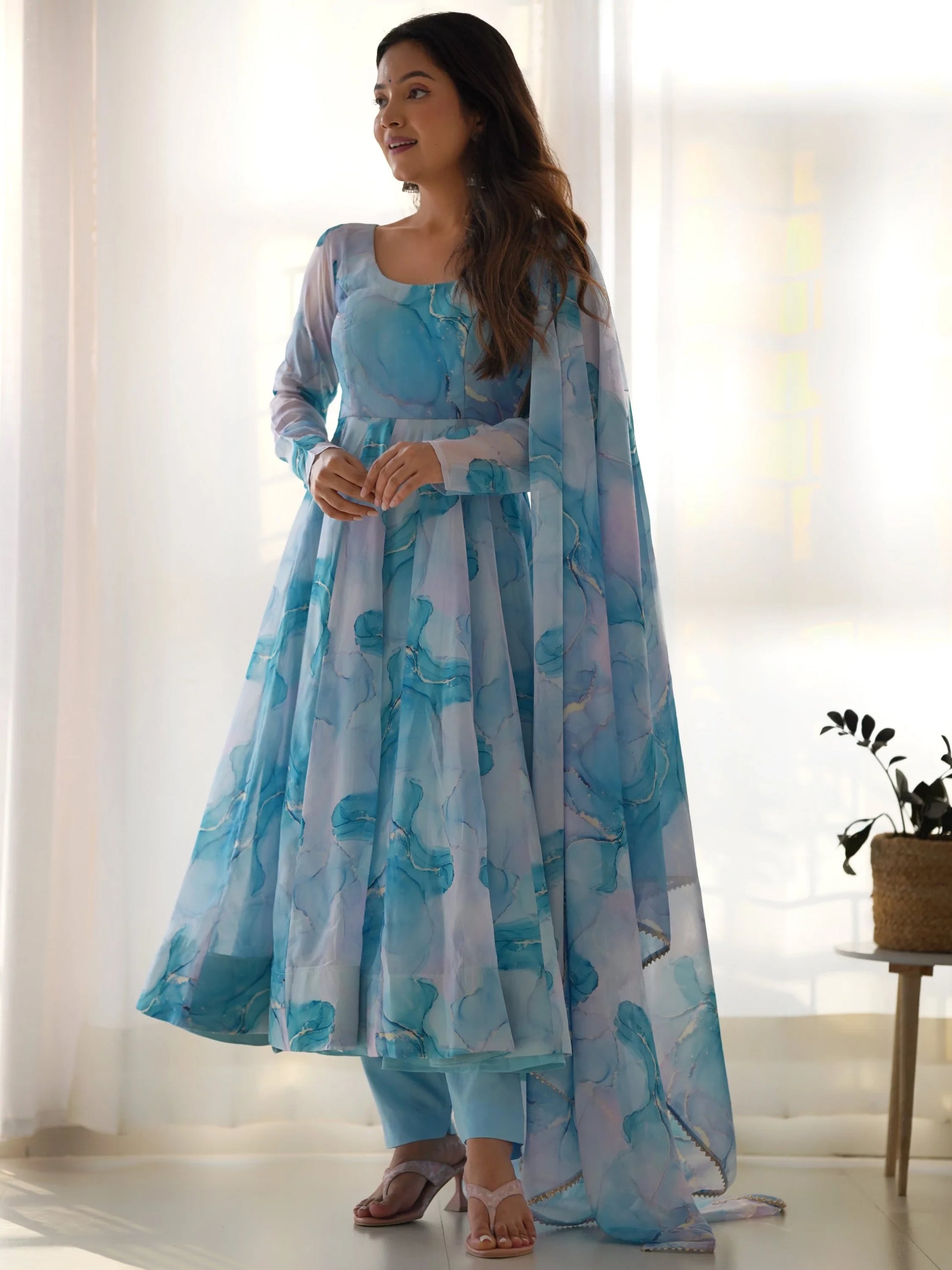 Amazing Sky Blue Marble Print Organza Festive Wear Anarkali Suit - Zeel Clothing