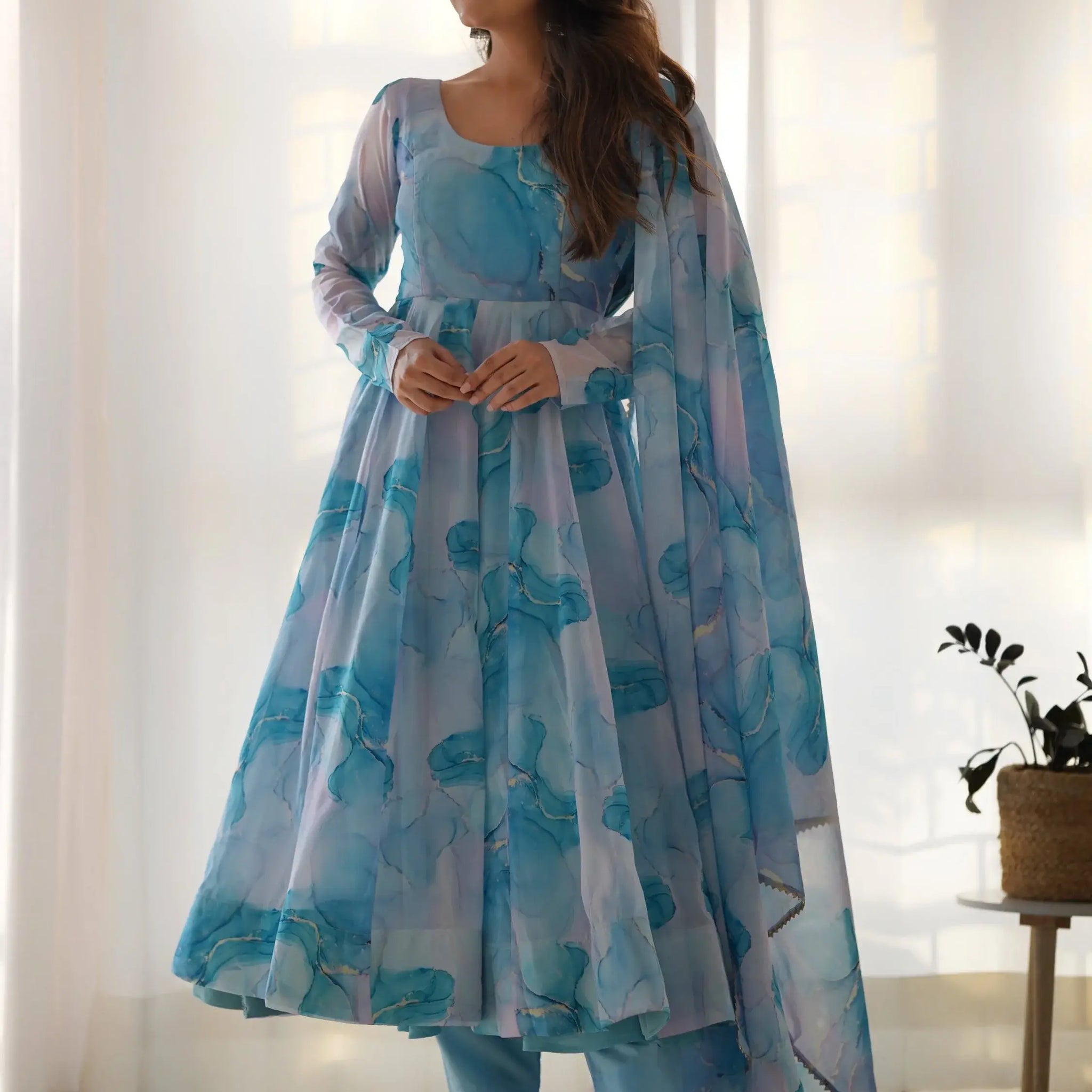 Amazing Sky Blue Marble Print Organza Festive Wear Anarkali Suit - Zeel Clothing