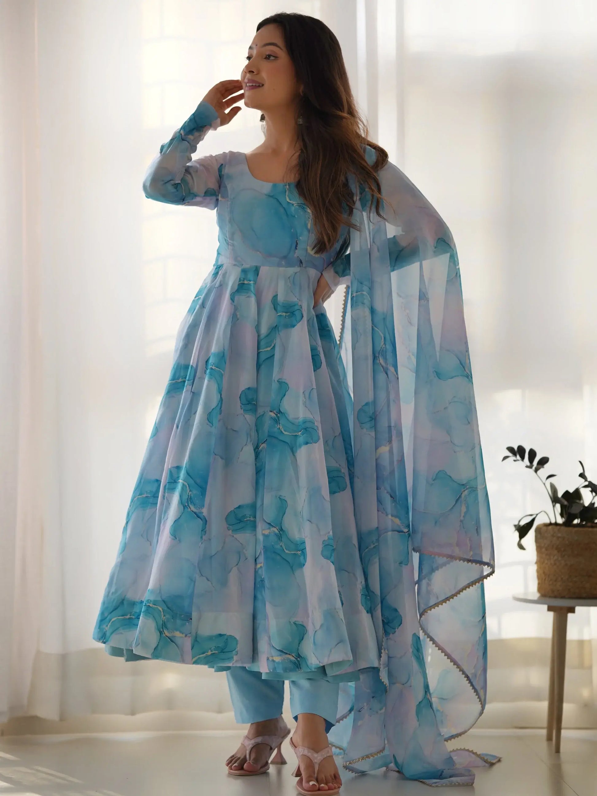 Amazing Sky Blue Marble Print Organza Festive Wear Anarkali Suit - Zeel Clothing