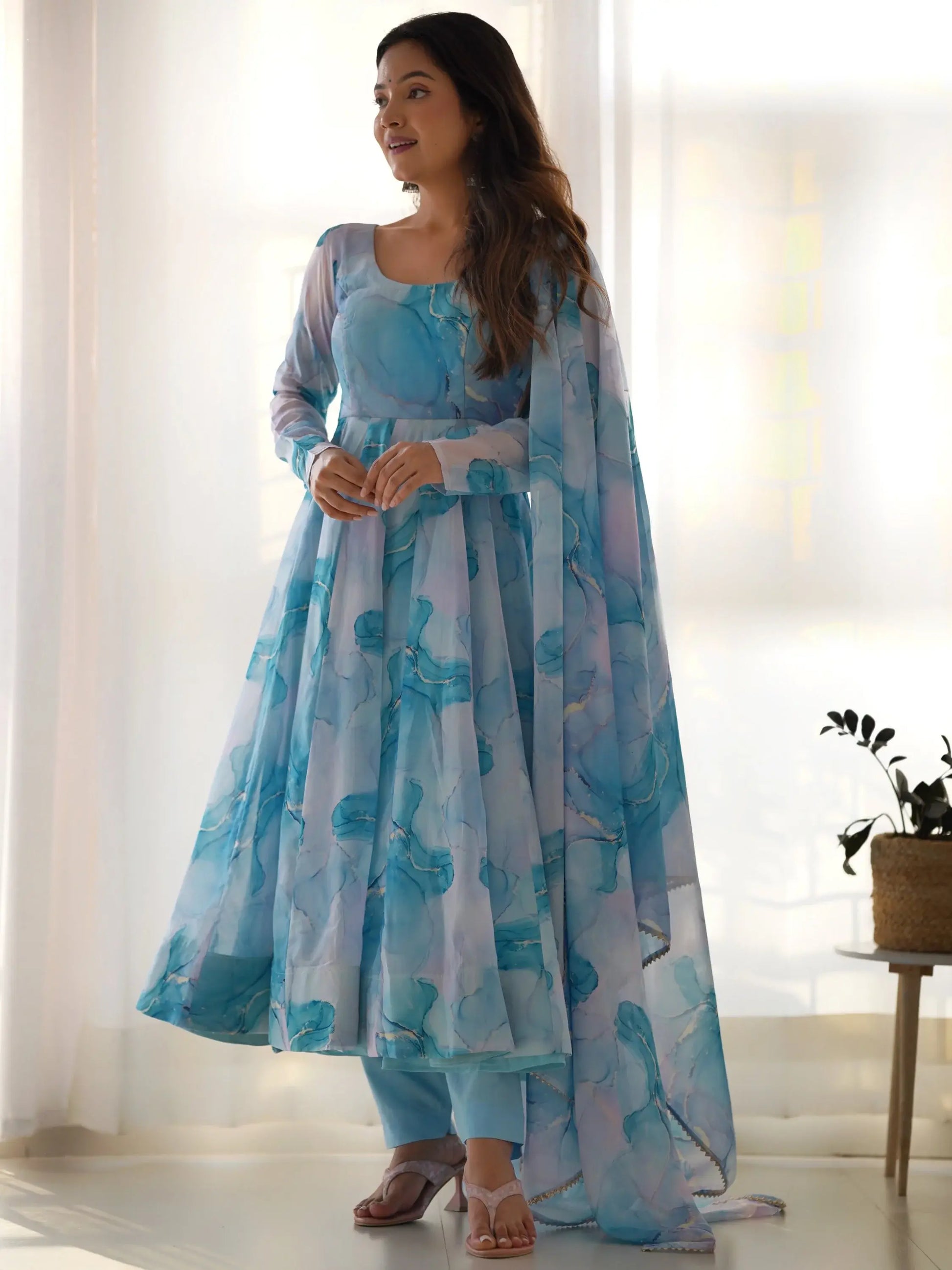 Amazing Sky Blue Marble Print Organza Festive Wear Anarkali Suit - Zeel Clothing