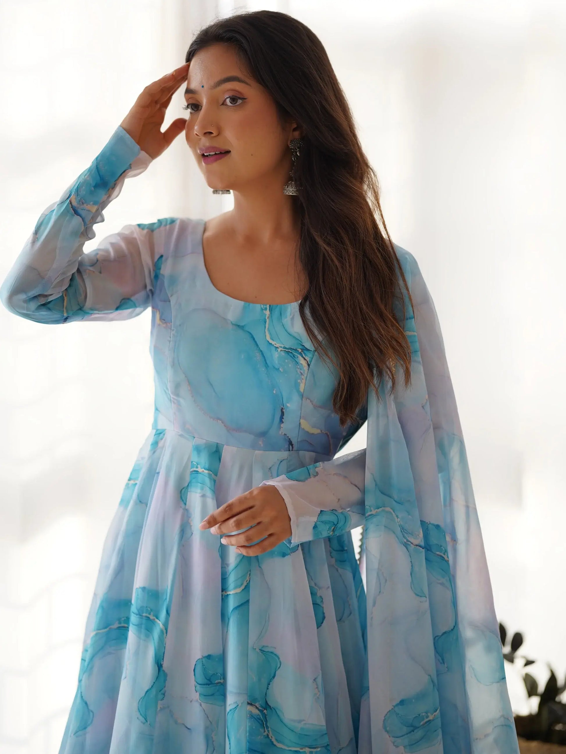 Amazing Sky Blue Marble Print Organza Festive Wear Anarkali Suit - Zeel Clothing