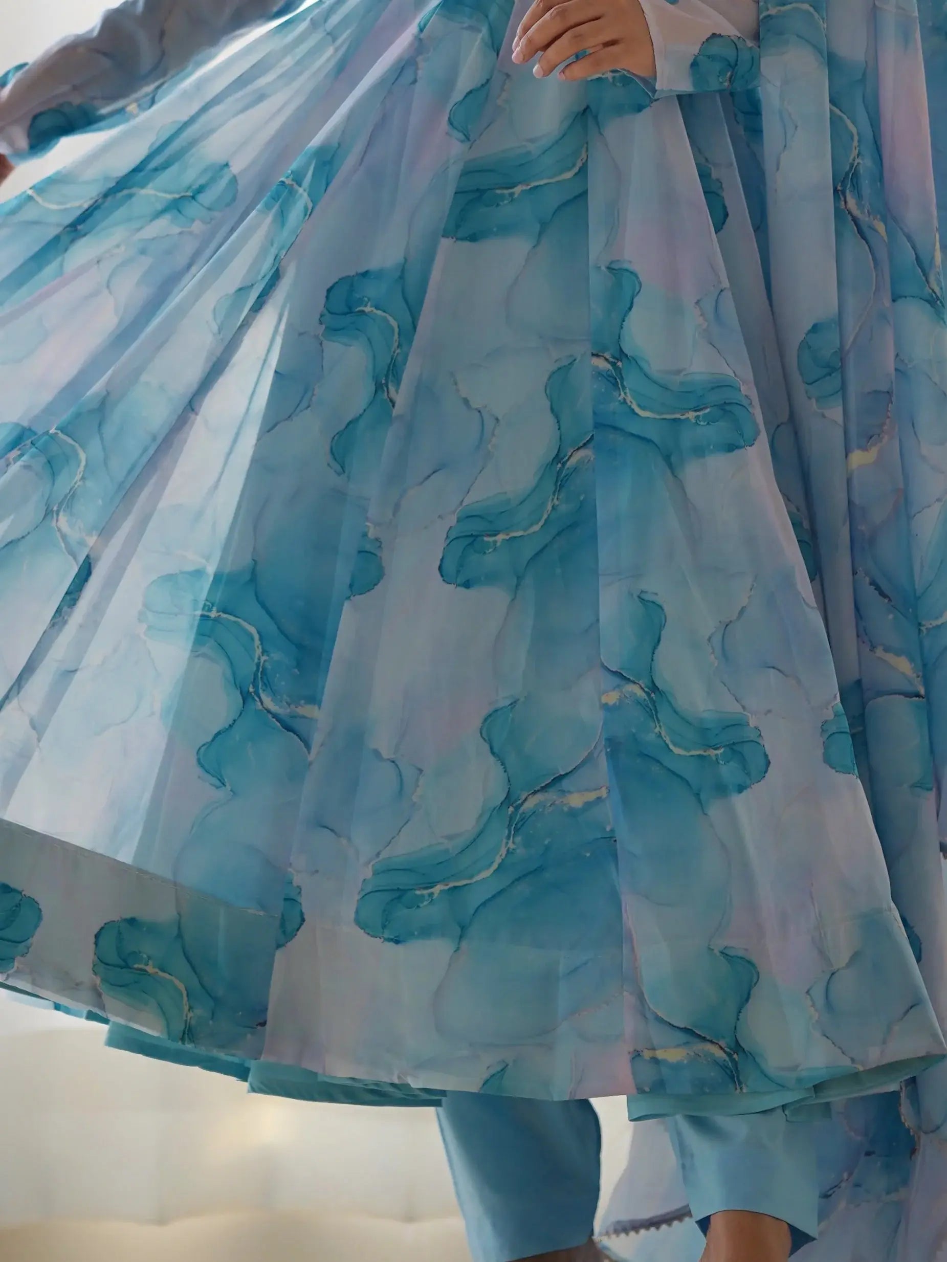 Amazing Sky Blue Marble Print Organza Festive Wear Anarkali Suit - Zeel Clothing