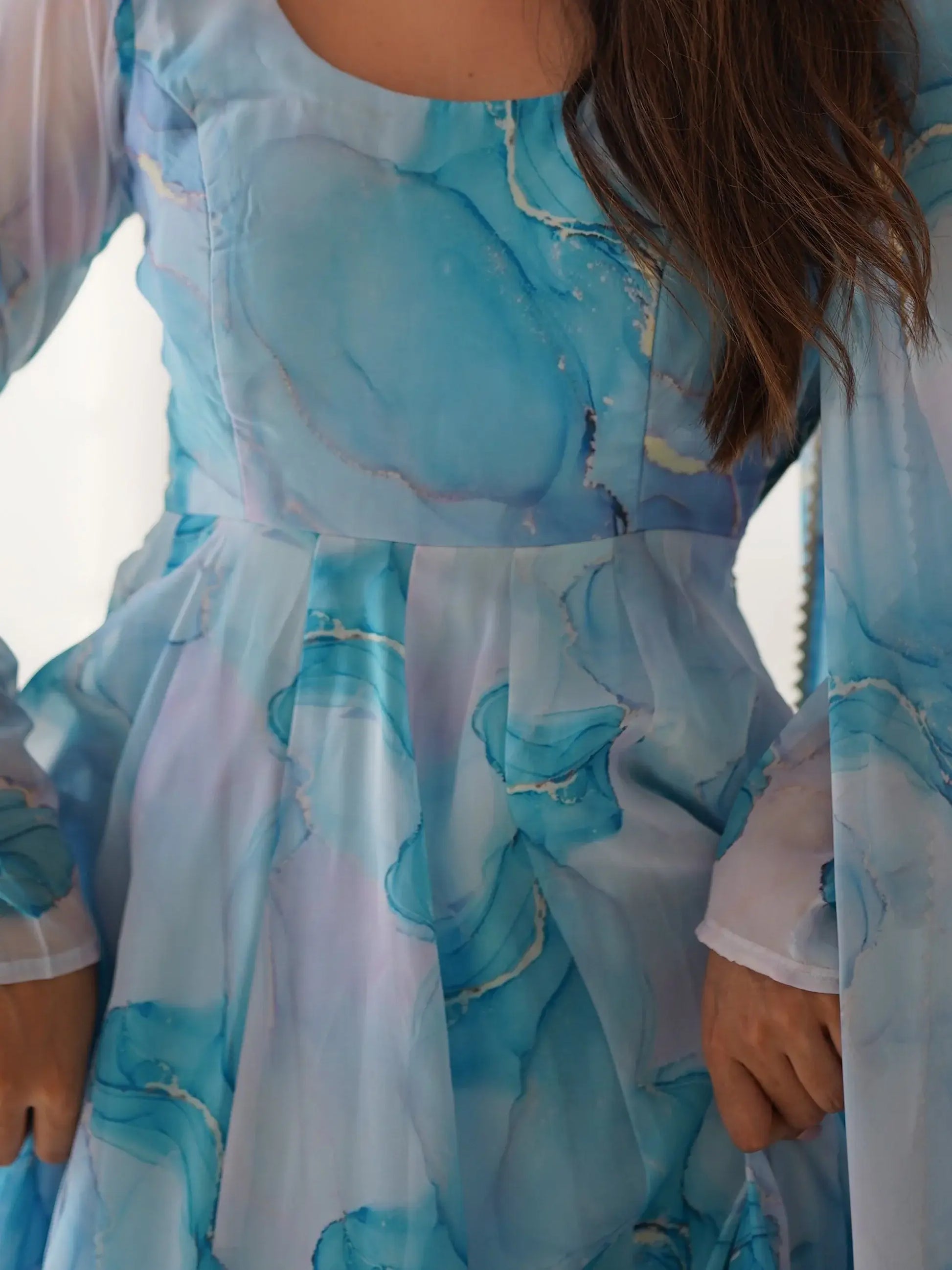 Amazing Sky Blue Marble Print Organza Festive Wear Anarkali Suit - Zeel Clothing