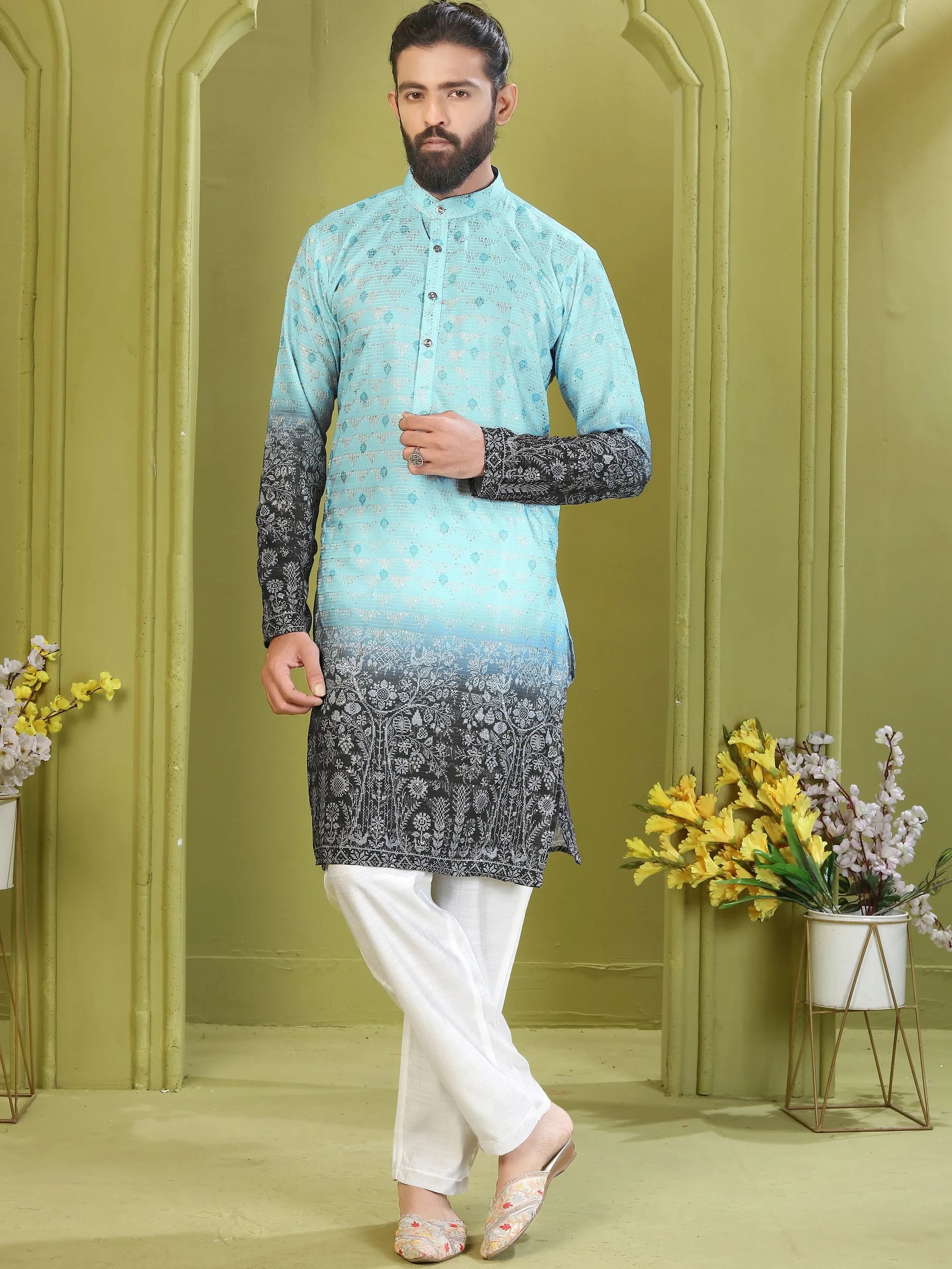 Amazing Sky Blue Thread Embroidery Rayon Traditional Men's Kurta