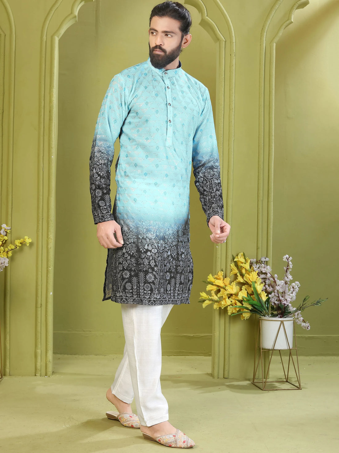 Amazing Sky Blue Thread Embroidery Rayon Traditional Men's Kurta