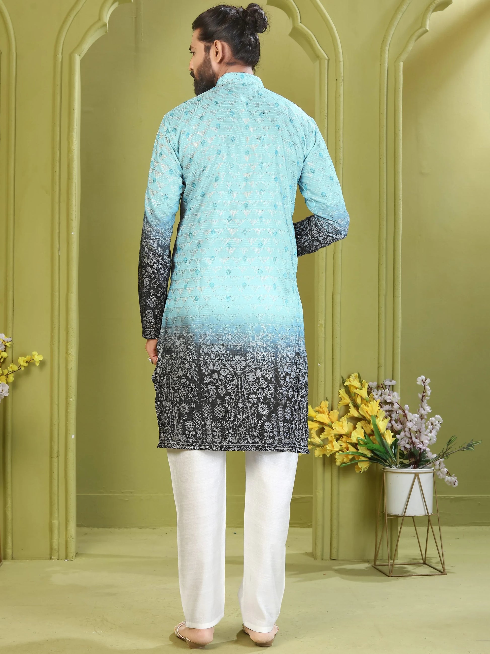 Amazing Sky Blue Thread Embroidery Rayon Traditional Men's Kurta