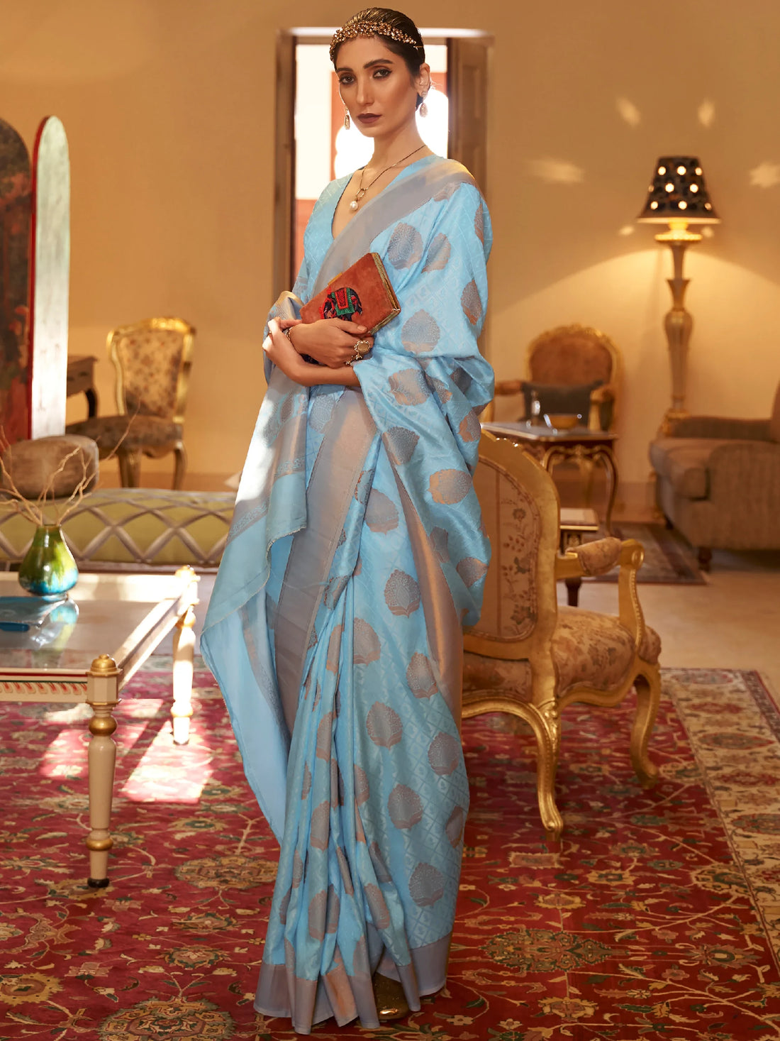 Amazing Sky-Blue Zari Woven Silk Festive Wear Saree With Blouse - Zeel Clothing