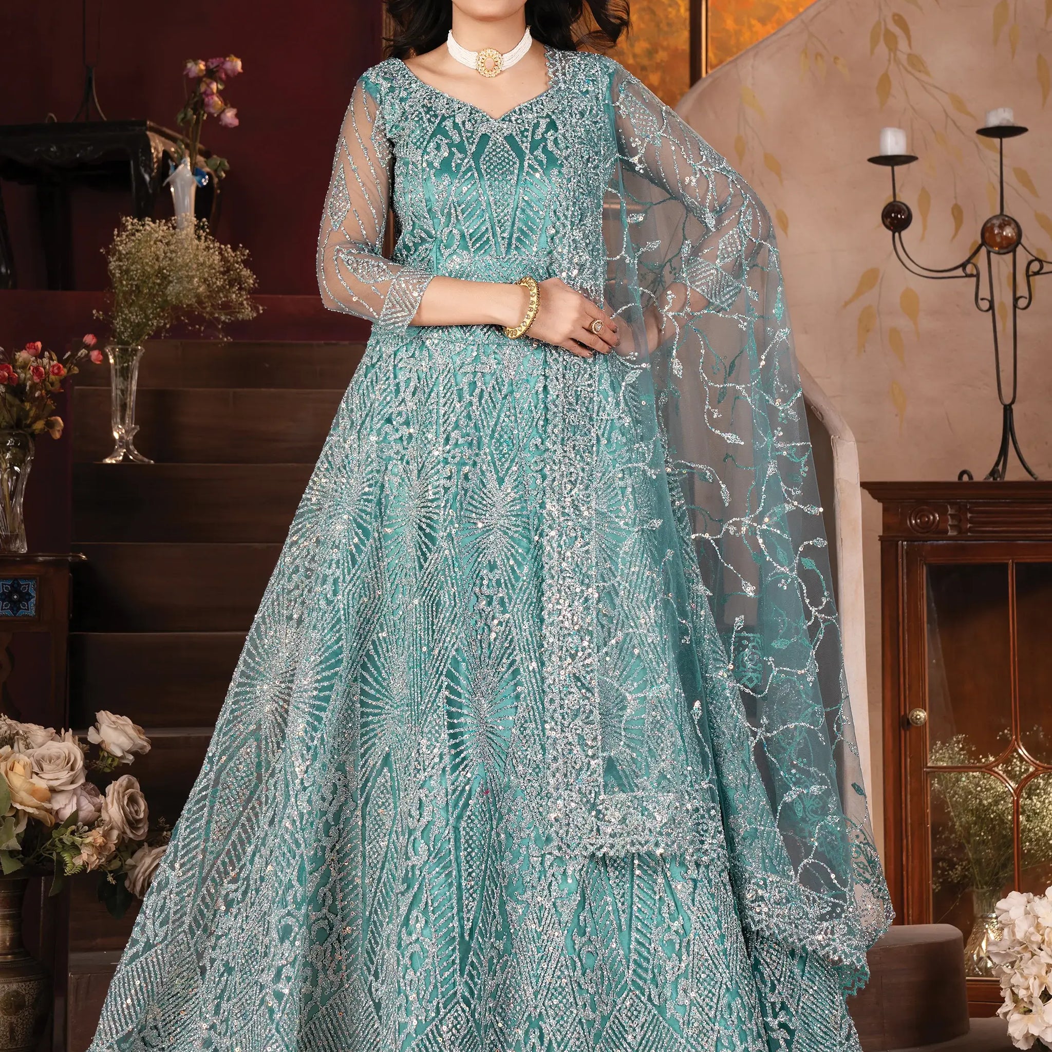 Amazing Sky-Blue Zarkan Work Net Designer Lehenga Choli With Dupatta - Zeel Clothing