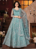 Amazing Sky-Blue Zarkan Work Net Designer Lehenga Choli With Dupatta - Zeel Clothing