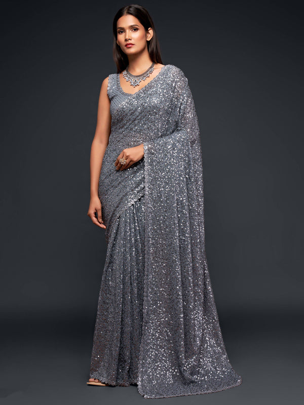 Amazing Slate Grey Sequined Georgette Party Wear Saree - Zeel Clothing
