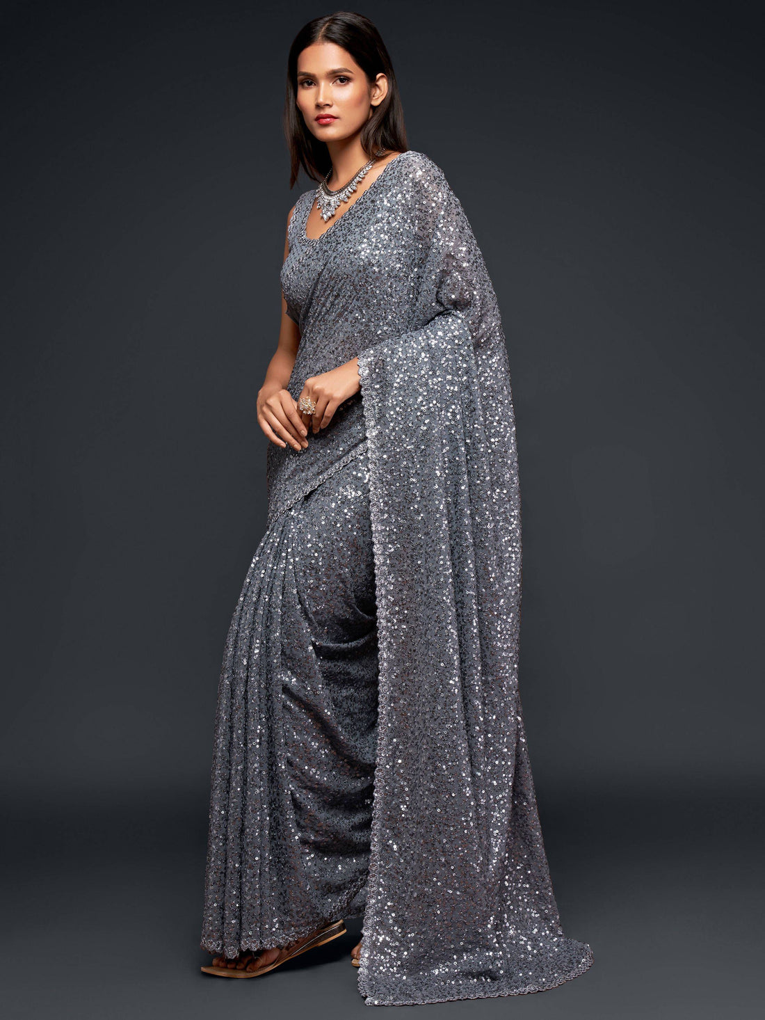 Amazing Slate Grey Sequined Georgette Party Wear Saree - Zeel Clothing
